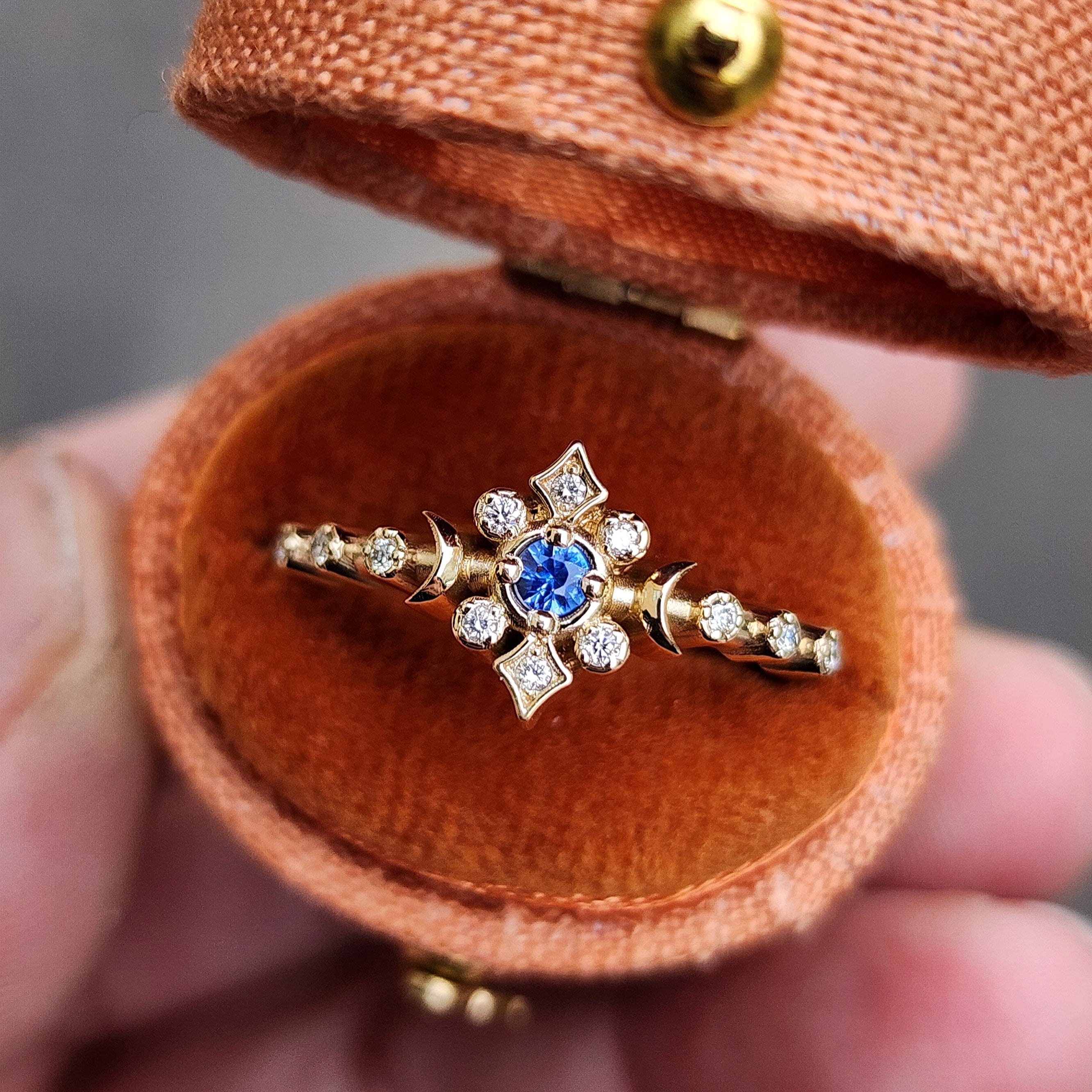 Cornflower Blue Sapphire & Diamond Triple Moon Ring - Size 6 & 8 - 14K Yellow Gold Petite Jewelry - Ready to Ship - Perfect for Boho Weddings, Handfasting Ceremonies & Spiritual Gift Giving