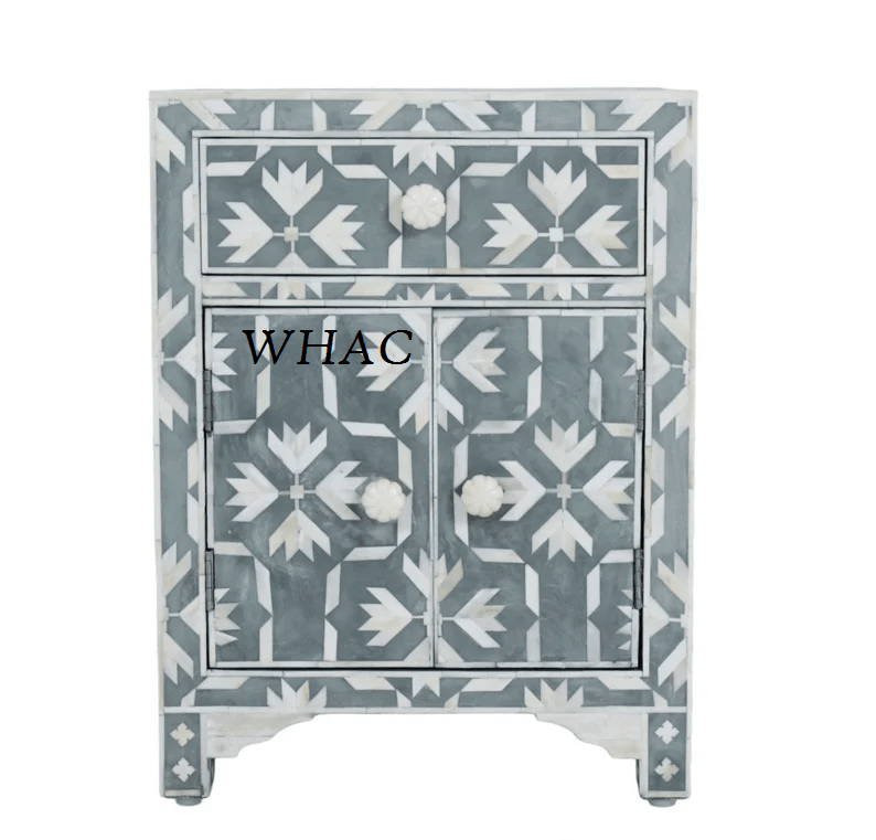 Handmade Bone Inlay Nightstand with One Drawer and Two Doors - Elegant Bedside Table for Bedroom Decor, Guest Room, or Living Room Storage