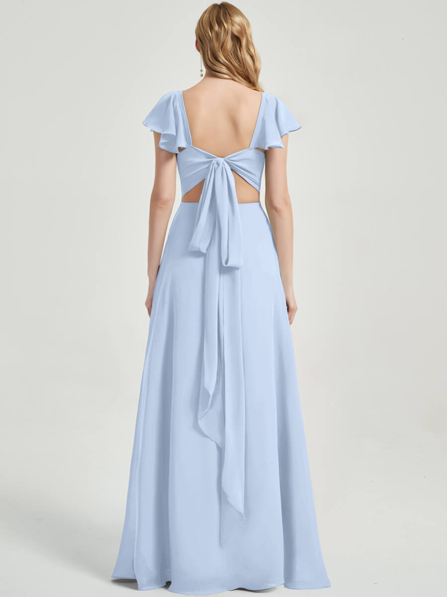 Cornflower Blue Ruffle Cap Sleeve Chiffon Bridesmaid Dress with Thigh High Slit - Elegant Wedding Party Gown for Bridesmaids, Formal Occasions & Special Events