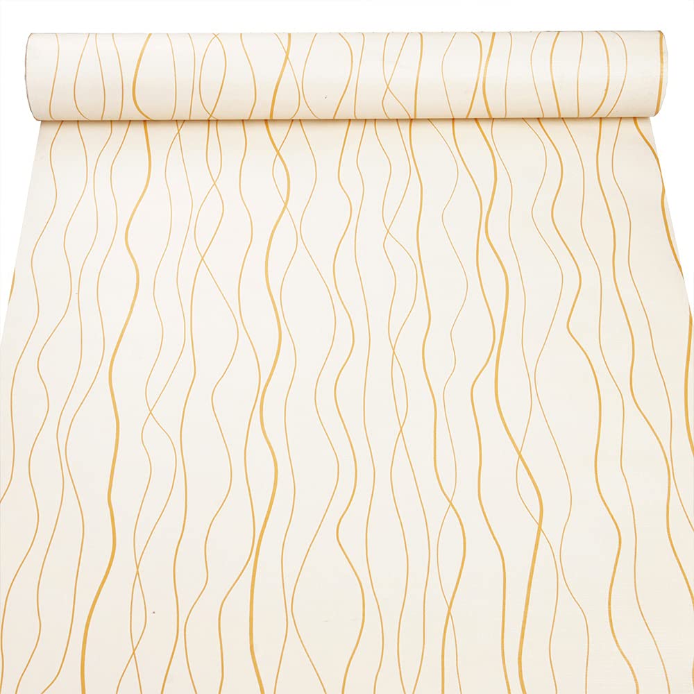 ZAMNEA 17.8 x 118 Inches Self-Adhesive Liner Paper - Removable Shelf & Drawer Liner - Peel & Stick Wall Stickers for Kitchen, Dresser, Cabinets - Gold Wave Stripe Design - Perfect for Home Organization & Decor