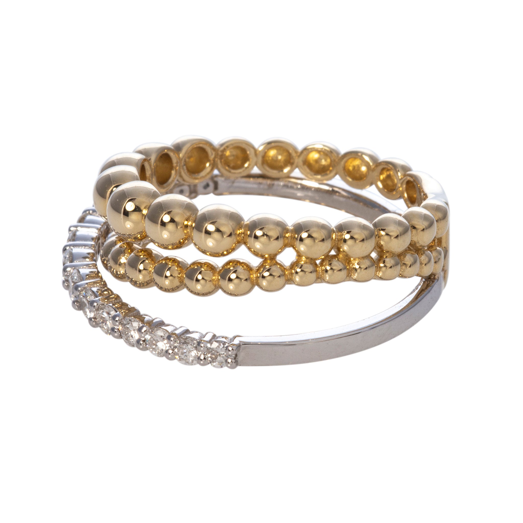 14K Gold Diamond Double Beaded Crossover Ring for Women - Elegant Wedding Band, Anniversary Gift, or Everyday Jewelry