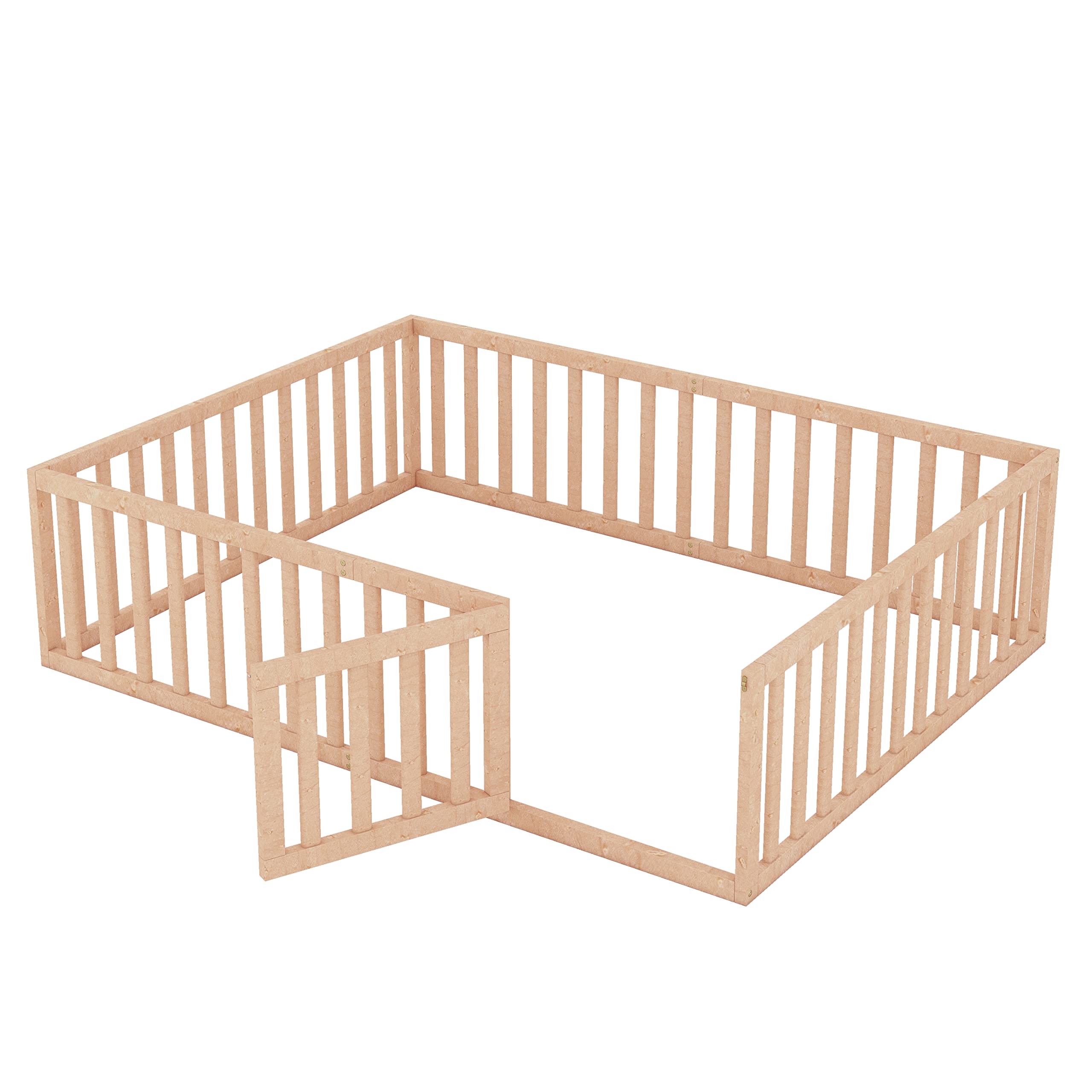 LZ LEISURE ZONE Solid Wood Queen Size Platform Bed Frame with Fence & Door - Sturdy Daybed for Bedroom, Guest Room, or Dorm - Natural Wood Finish
