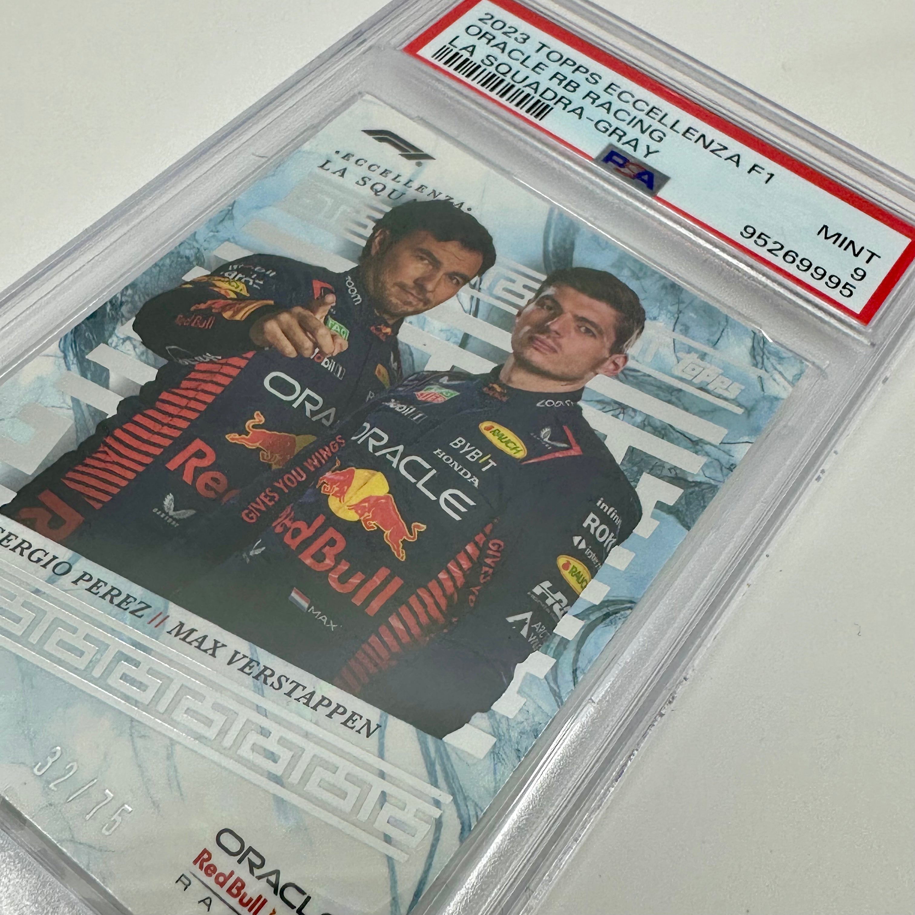 2023 Eccellenza La Squadra PSA 9 Graded 32/75 Verstappen & Perez Gray - Perfect for F1 Collectors, Racing Memorabilia Displays & Sports Card Investments