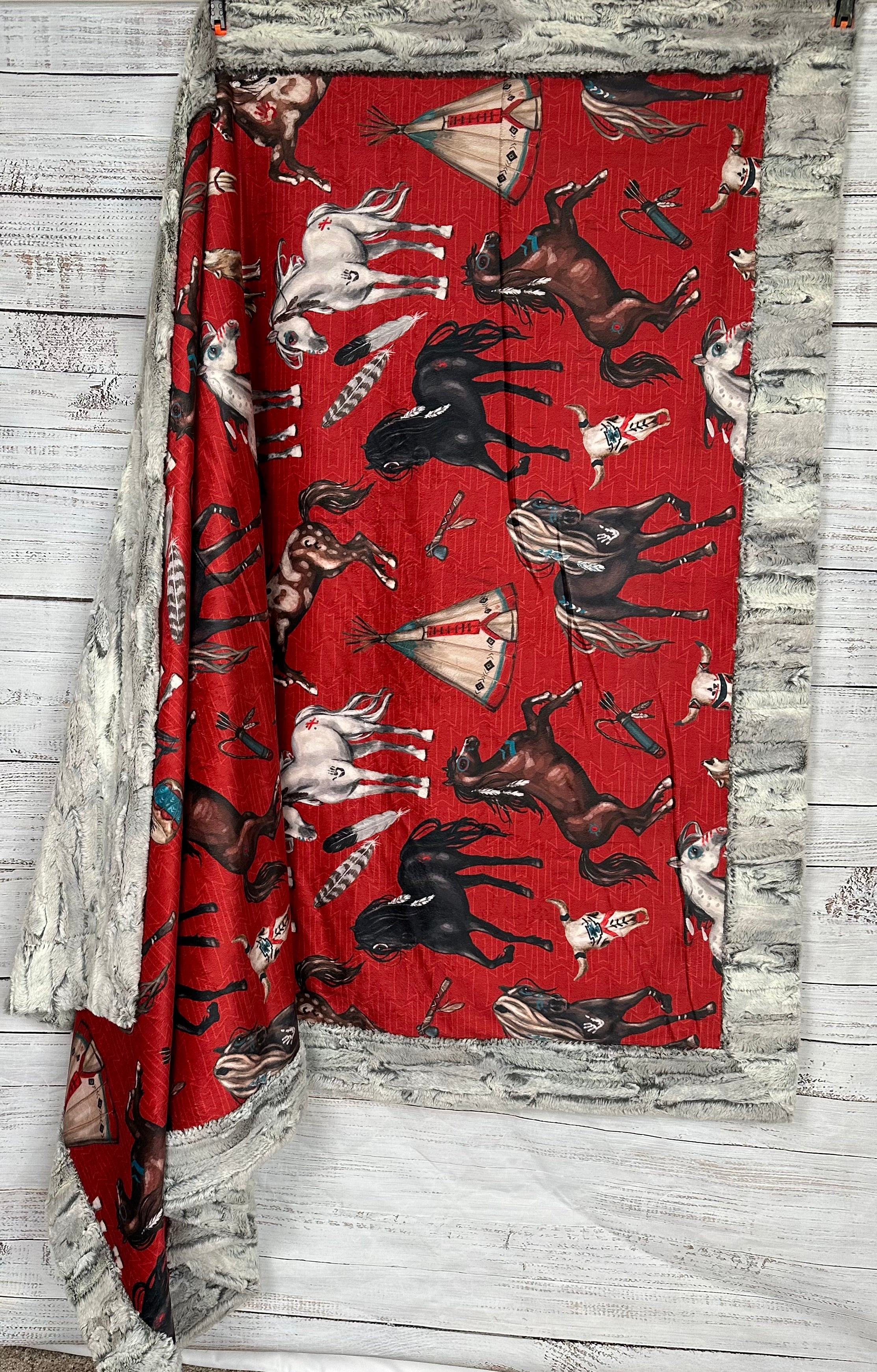 Premium Native American Horse Design Silver Fox Luxe 54x79 Inch Large Minky Blanket - Soft Red Fleece Throw for Bed, Couch & Home Decor | Spoonflower Quality Fabric for Cozy Living Room & Gift Giving