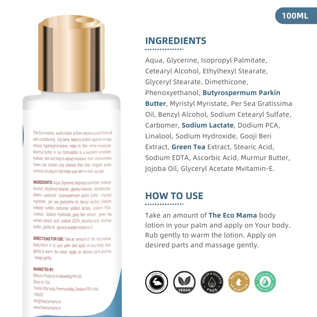 Eco Mama Organic Goji Berry & Green Tea Body Lotion with Murumuru Butter, Jojoba Oil & Glycerin - 100ml | Long-Lasting Hydration | Vegan & Cruelty-Free | Perfect for Dry Skin Care & Daily Moisturizing