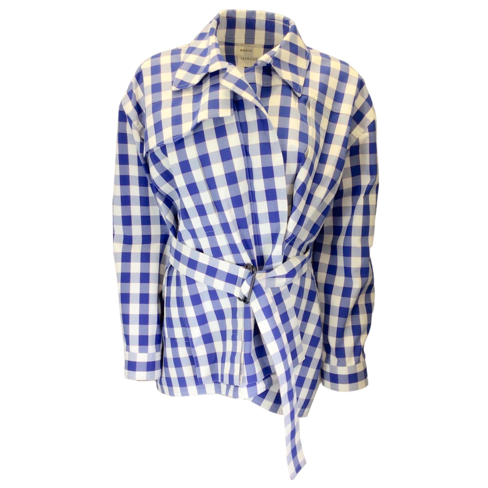 Maison Rabih Kayrouz Blue & White Checkered Belted Jacket for Women - Stylish Tweed Blazer for Office, Dinner Dates & Special Occasions