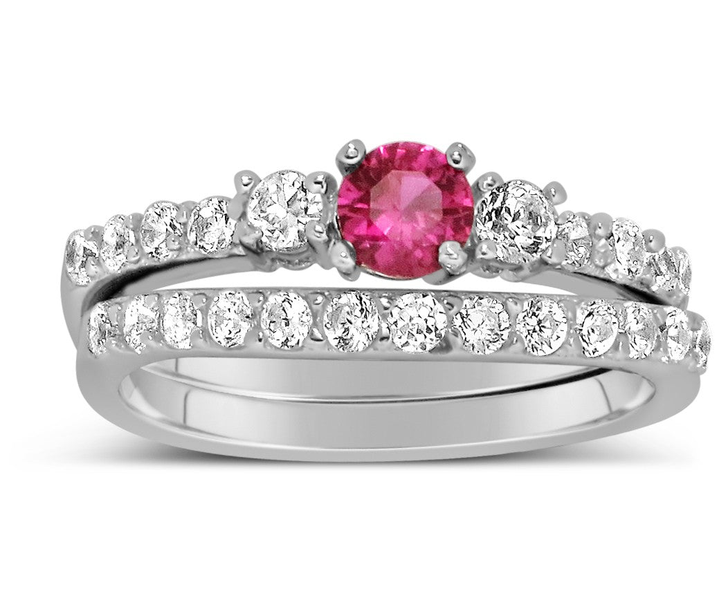 1 Carat Ruby & Moissanite Diamond Wedding Ring Set in 14K White Gold - Elegant Bridal Jewelry for Engagement, Anniversary & Special Occasions