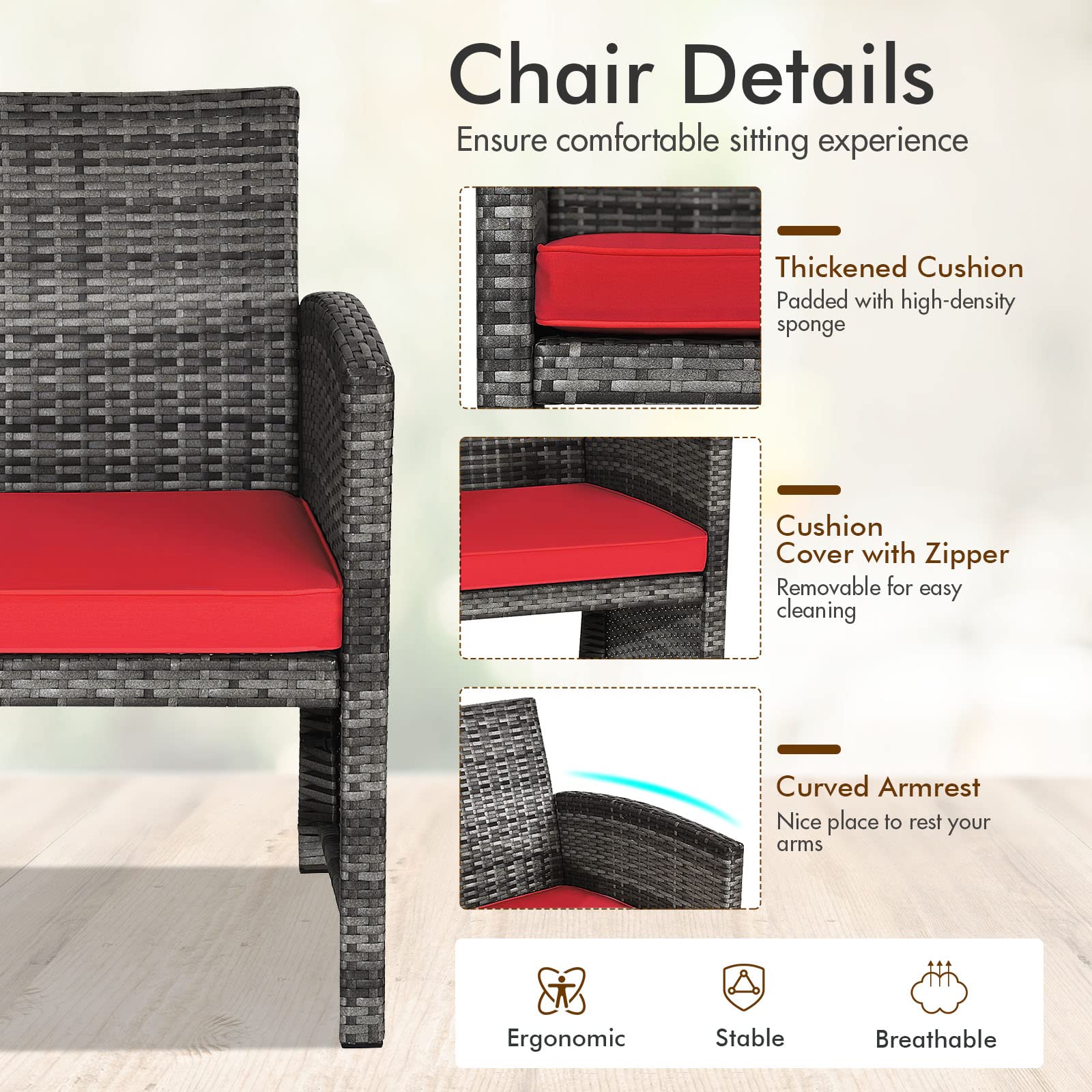 Goplus 4-Piece Rattan Patio Furniture Set - Outdoor Wicker Conversation Sofa with Weather-Resistant Cushions & Tempered Glass Tabletop - Perfect for Lawn, Backyard, Poolside, Garden, or Patio (Red)