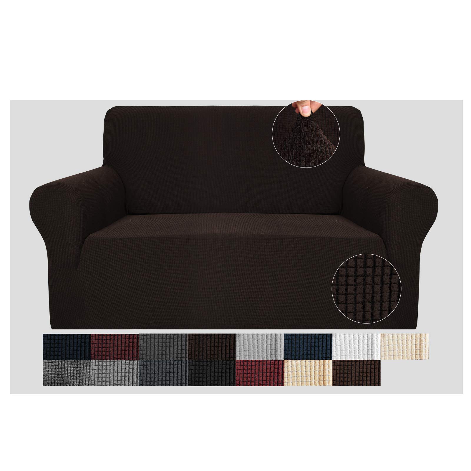 JIVINER Stretch Jacquard Sofa Cover - 1-Piece Anti-Slip Loveseat Slipcover with Small Check Pattern, Fits 2-Cushion Couches (Dark Coffee) - Perfect for Homes with Kids & Pets, Living Room Furniture Protection