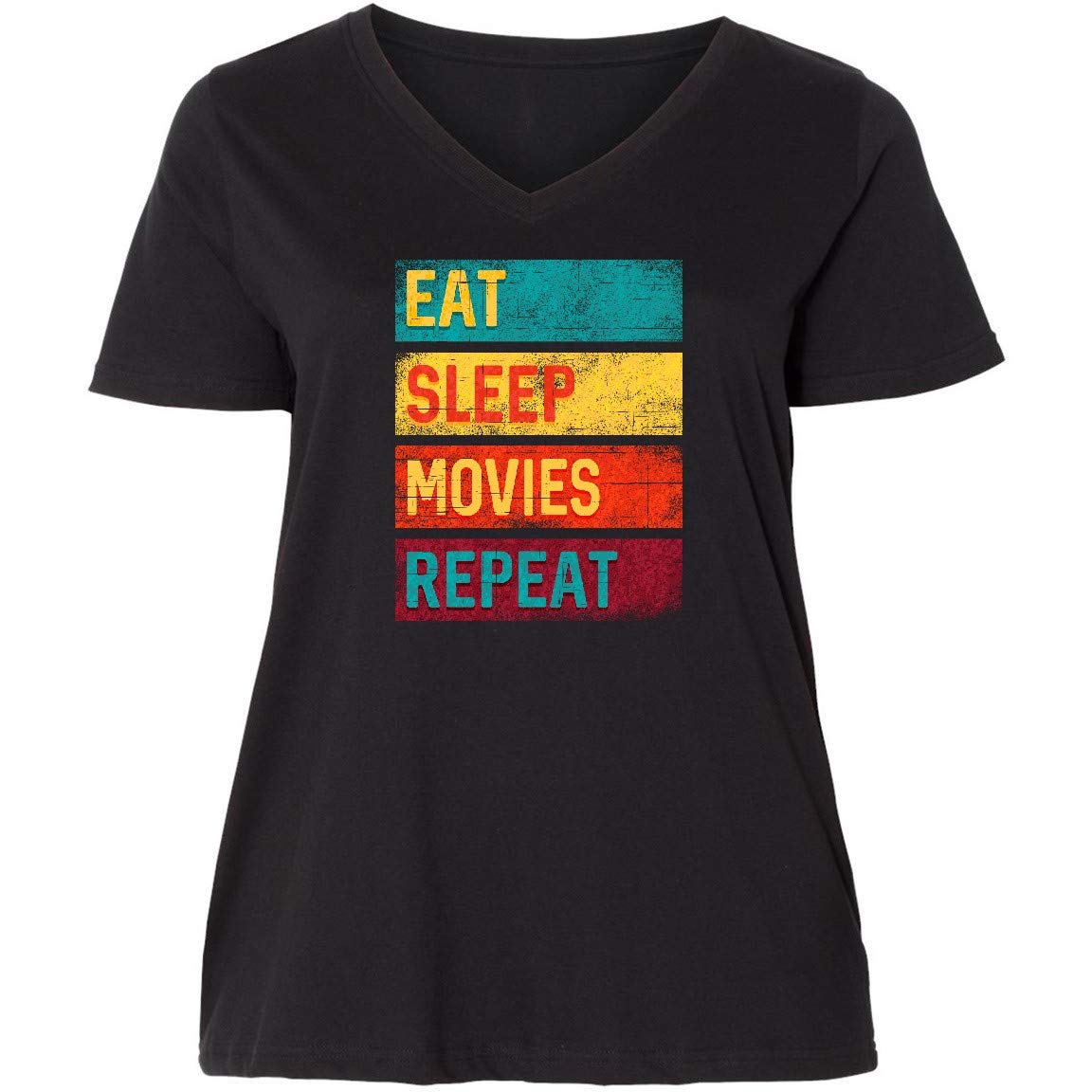 Inktastic Eat Sleep Movies Repeat Women's Plus Size V-Neck T-Shirt - Comfortable Casual Tee for Movie Lovers, Lounge Wear, Gift Idea