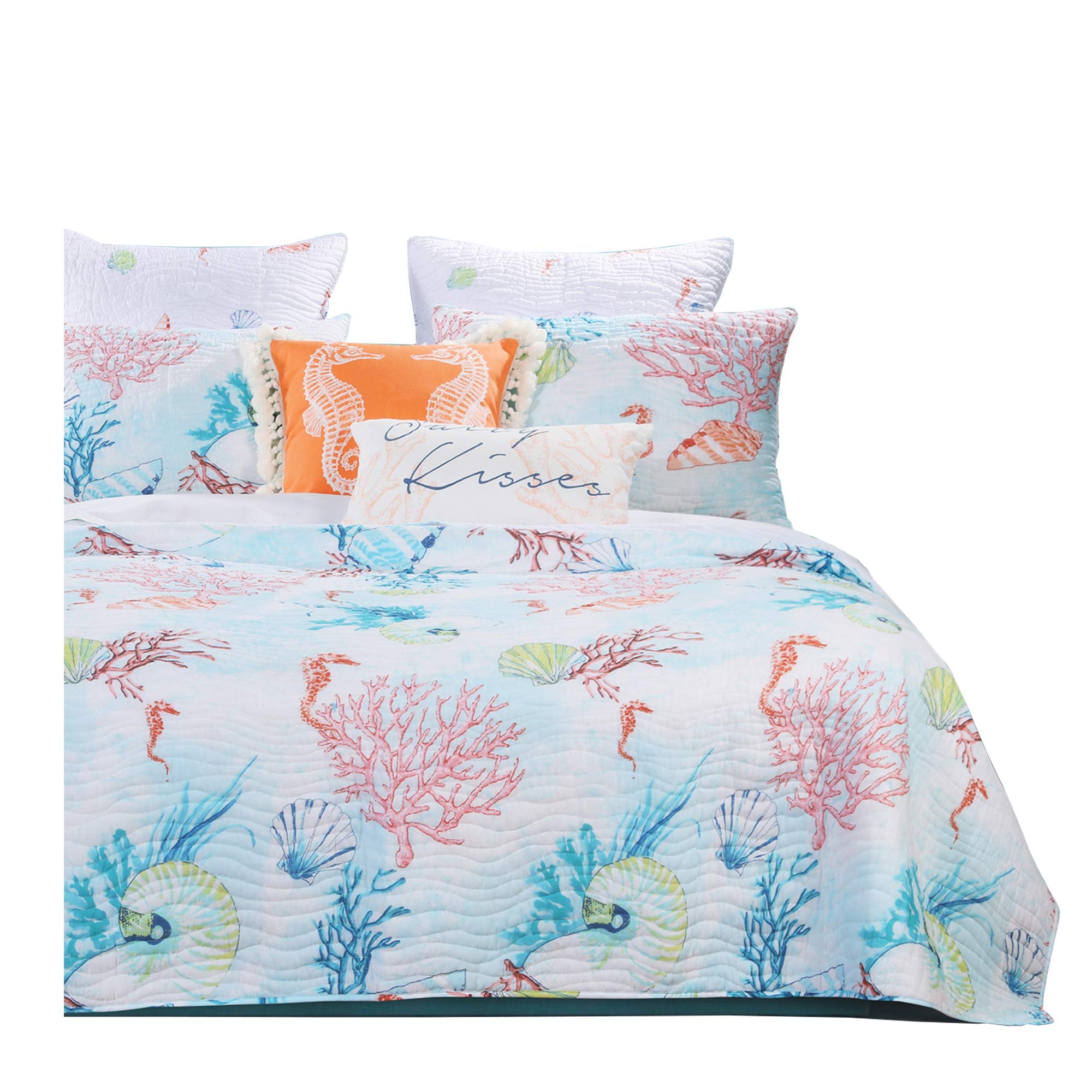 Benjara Twin Size 2-Piece Polyester Quilt Set with Coral Floral Prints - Multicolor Coastal Bedding for Guest Rooms & Beach House Decor