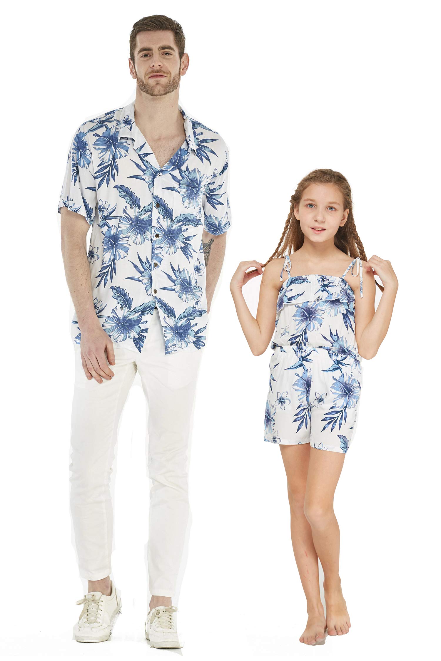 Matching Father Daughter Hawaiian Dance Shirts - Pink & White Hibiscus Vine Print Aloha Outfits for Luau, Hula Dance, and Summer Beach Party