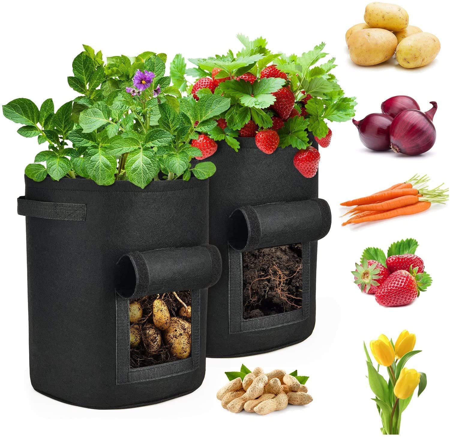 SEISSO 2-Pack 10 Gallon Aeration Fabric Grow Bags with Handles - Durable Plant Pots for Vegetables, Fruits, Flowers - Ideal for Indoor & Outdoor Gardening, Balcony, Patio, and Greenhouse Use