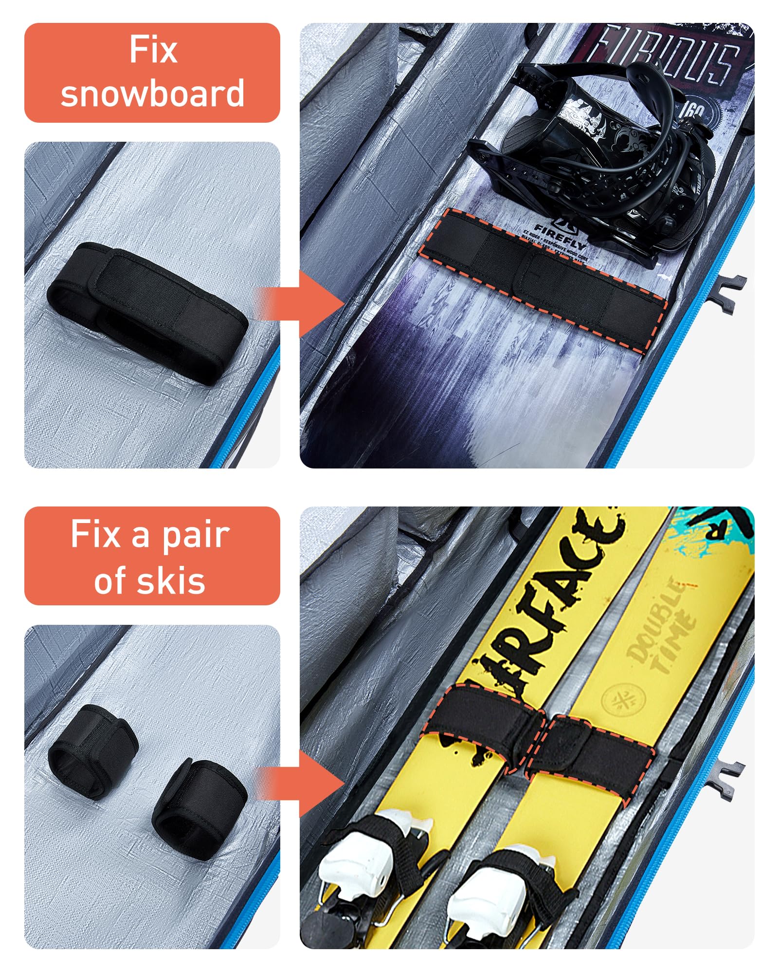 TOURIT Wheeled Ski and Snowboard Travel Bag - Padded Protection for Air Travel, Extendable 170-185cm (67-73in) - 3 Exterior Pockets for Boots, Helmets & Goggles - Perfect for Winter Sports Vacations and Mountain Getaways