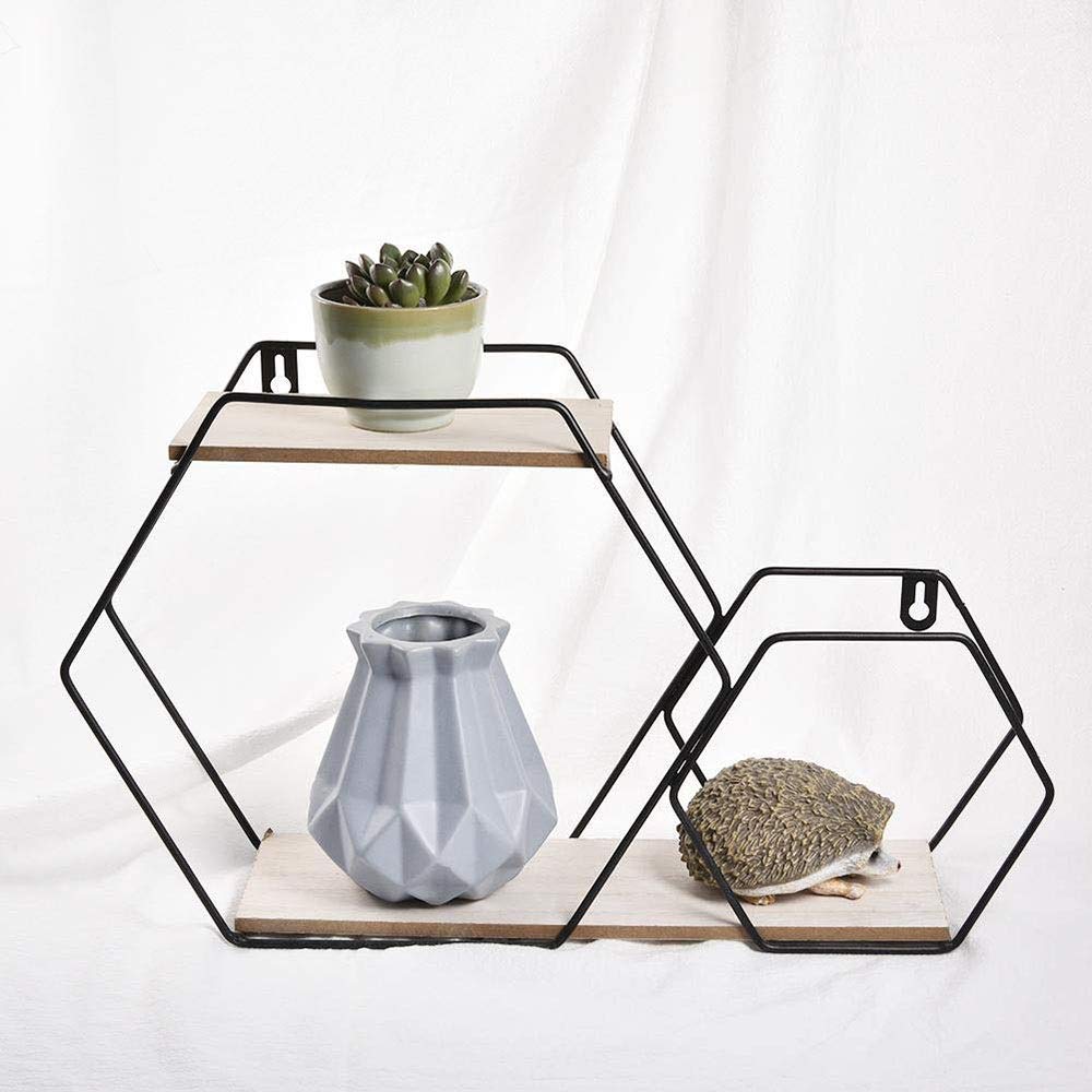 Hexagonal Floating Shelves Set - Modern Geometric Wall Shelves for Home Decor, Easy Install Iron Grid Display Shelf - Black | Perfect for Living Room, Bedroom, Office & Bathroom Storage