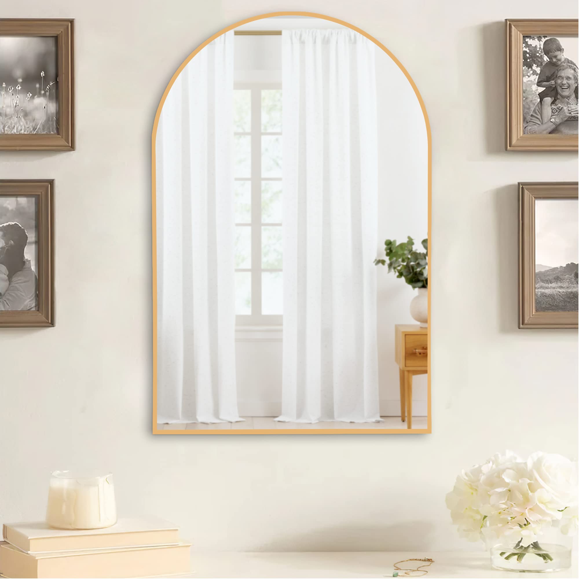 NeuType 36x24 Inch Arched Wall Mirror - Small Full Length Mirror for Hanging or Leaning, Dressing & Makeup Mirror with Aluminum Alloy Thin Gold Frame - Perfect for Living Room, Bedroom, Bathroom & Entryway Decor