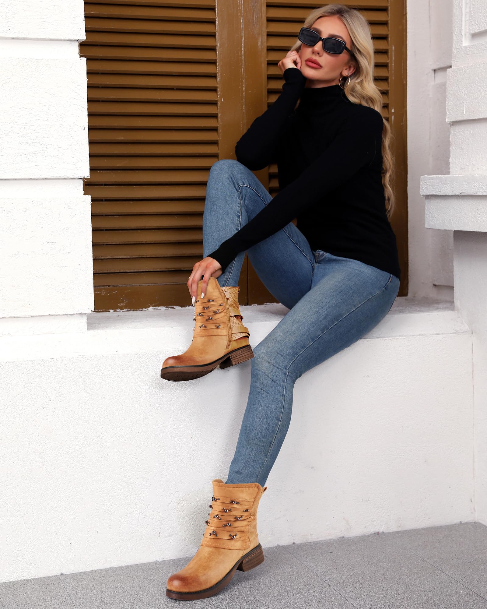 LALA IKAI Women's Combat Boots - Studded Motorcycle Ankle Boots with Chunky Block Heels, Biker Booties for Riding & Street Fashion | Perfect for Motorcycle Riding, Night Out, and Edgy Outfits