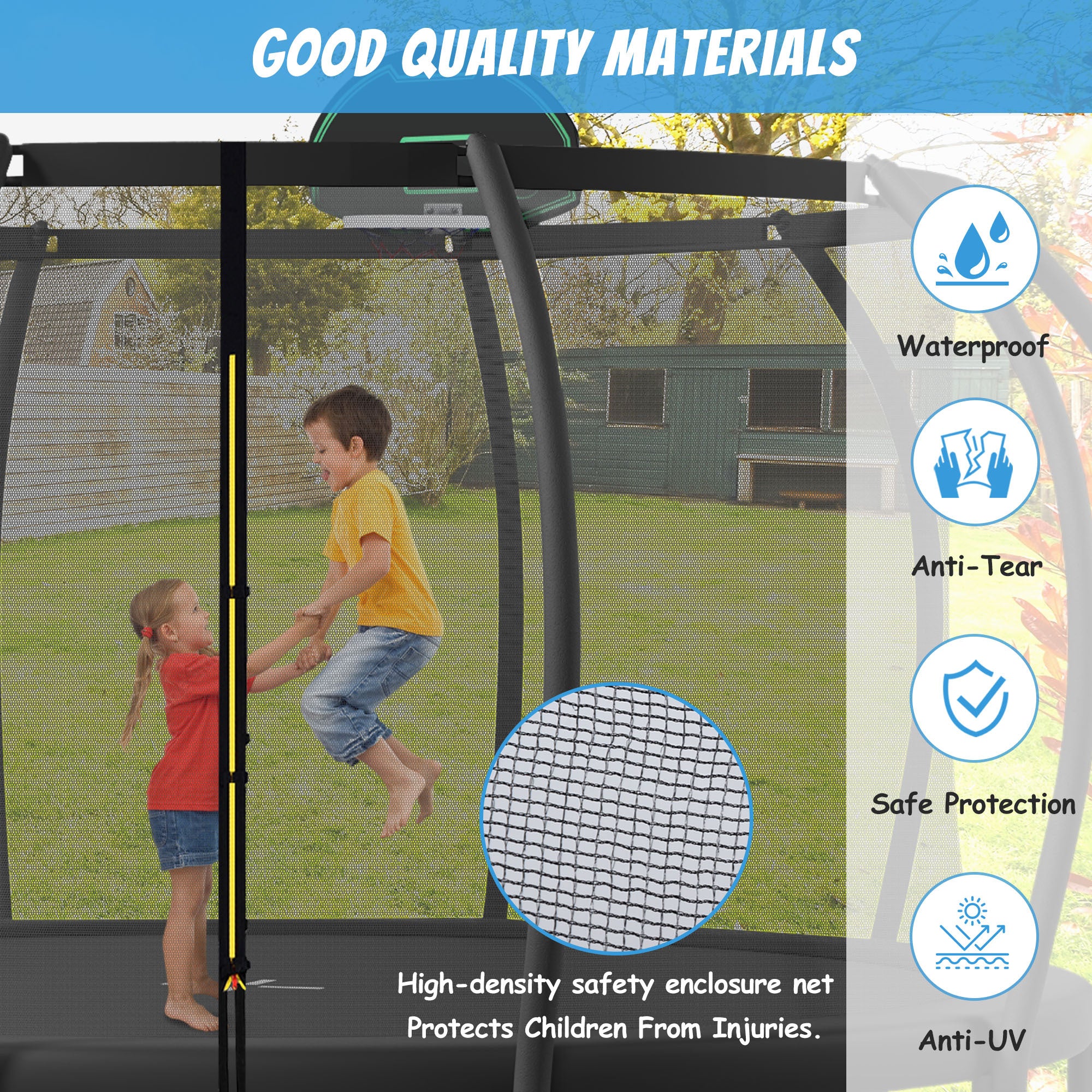 12FT Kids Trampoline with Safety Enclosure - Upgraded ArcPole & Composite TopLoop, Includes Basketball Hoop & 10 Ground Stakes | Outdoor Backyard Play Equipment for Physical Exercise & Family Fun | Perfect for Birthday Gifts, Garden Activities & Kids Fitness Training