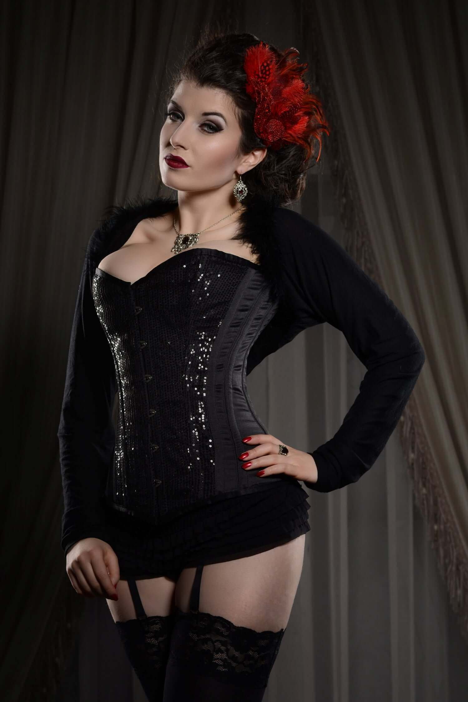 Playgirl Black Satin Steel Boned Overbust Corset with Sequins - Sexy Waist Trainer for Women, Gothic Lingerie, Burlesque Costume, Plus Size Shapewear for Evening Parties & Special Occasions