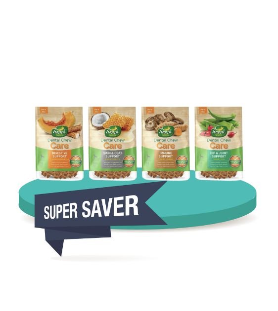 Happi Skippi (Happi Doggy) CARE Dental Dog Chews - 4 Pack Value Bundle for Small & Medium Dogs - Promotes Oral Health & Fresh Breath - Perfect for Daily Teeth Cleaning & Chewing Fun