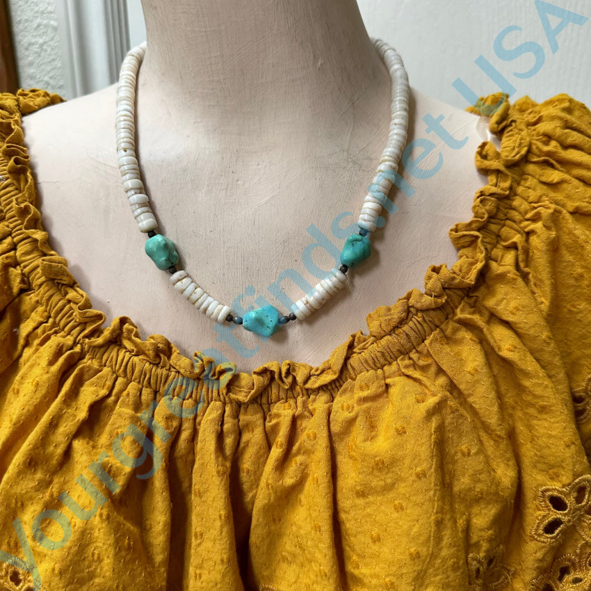 Vintage Chunky White Cone Shell Turquoise Necklace - Handmade Boho Jewelry for Women - Perfect for Beach Parties, Festivals & Layering Outfits