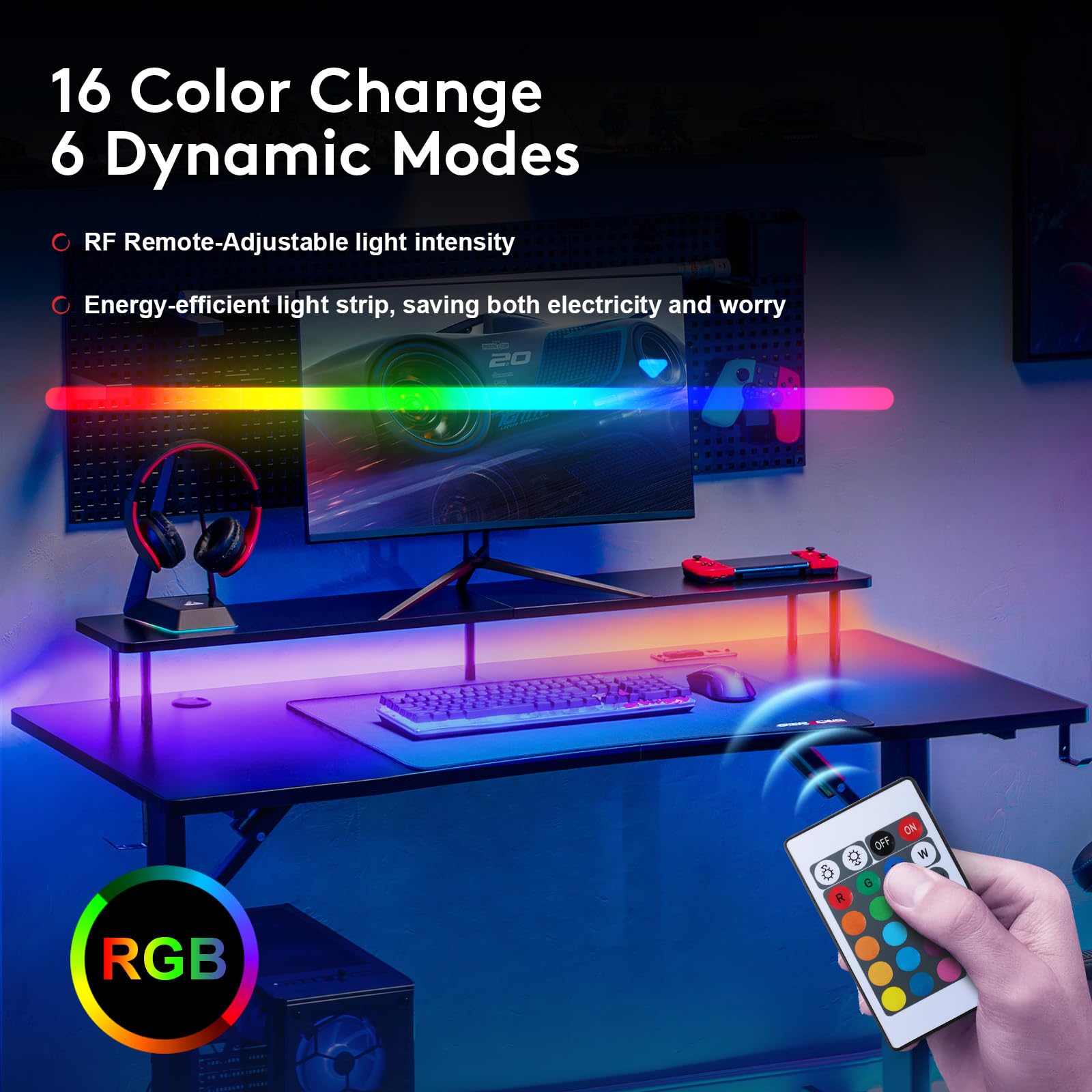 GTRACING 55 Inch LED Gaming Desk with Monitor Stand - Ergonomic Carbon Fiber Surface Computer Desk with RGB Mouse Pad for Home Office & Gaming Setup | Perfect for PC Gamers, Streamers & Remote Workers
