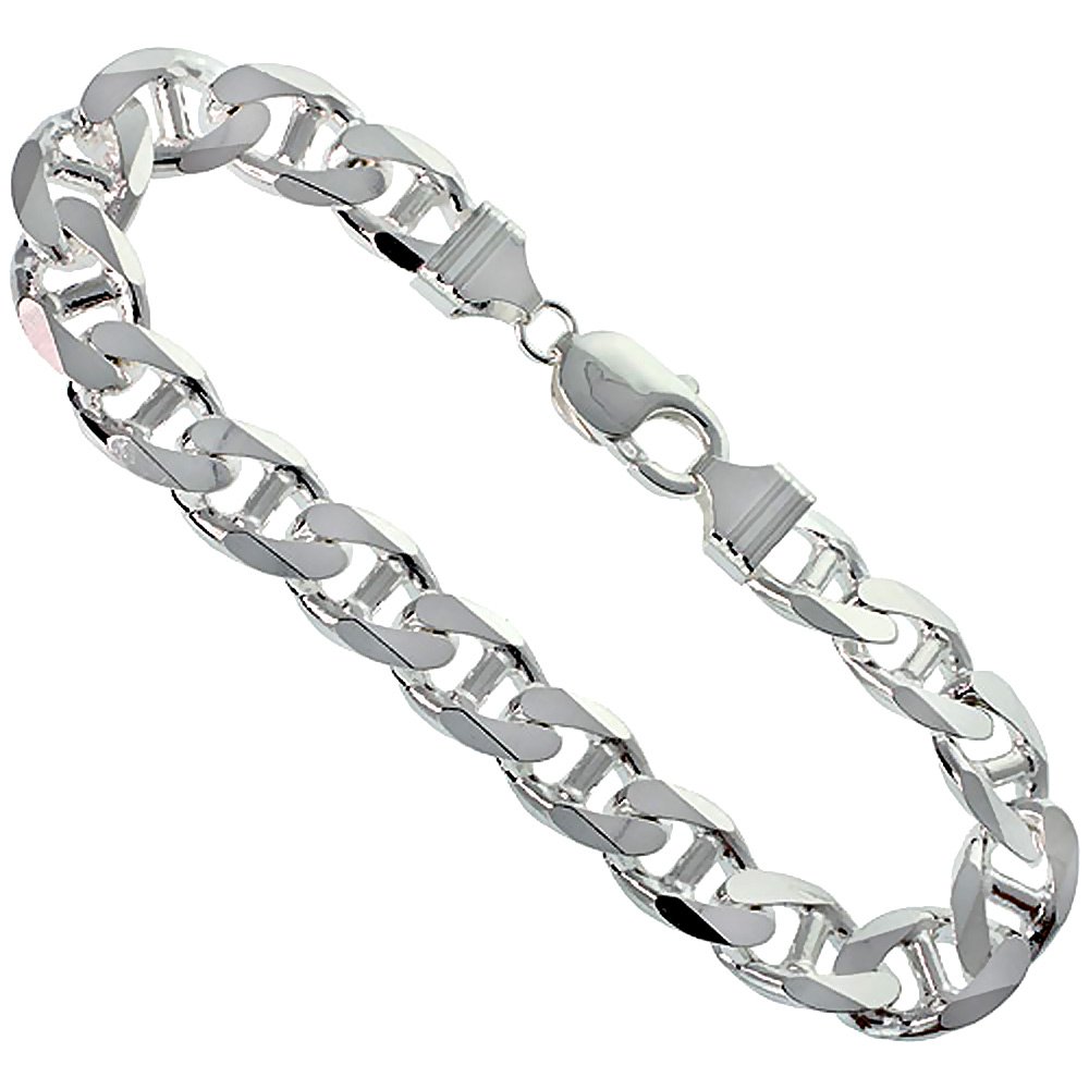 10.5mm Sterling Silver Flat Mariner Chain Necklaces & Bracelets for Men - 8 to 30 Inch Adjustable Length - Durable Everyday Jewelry for Casual & Formal Wear