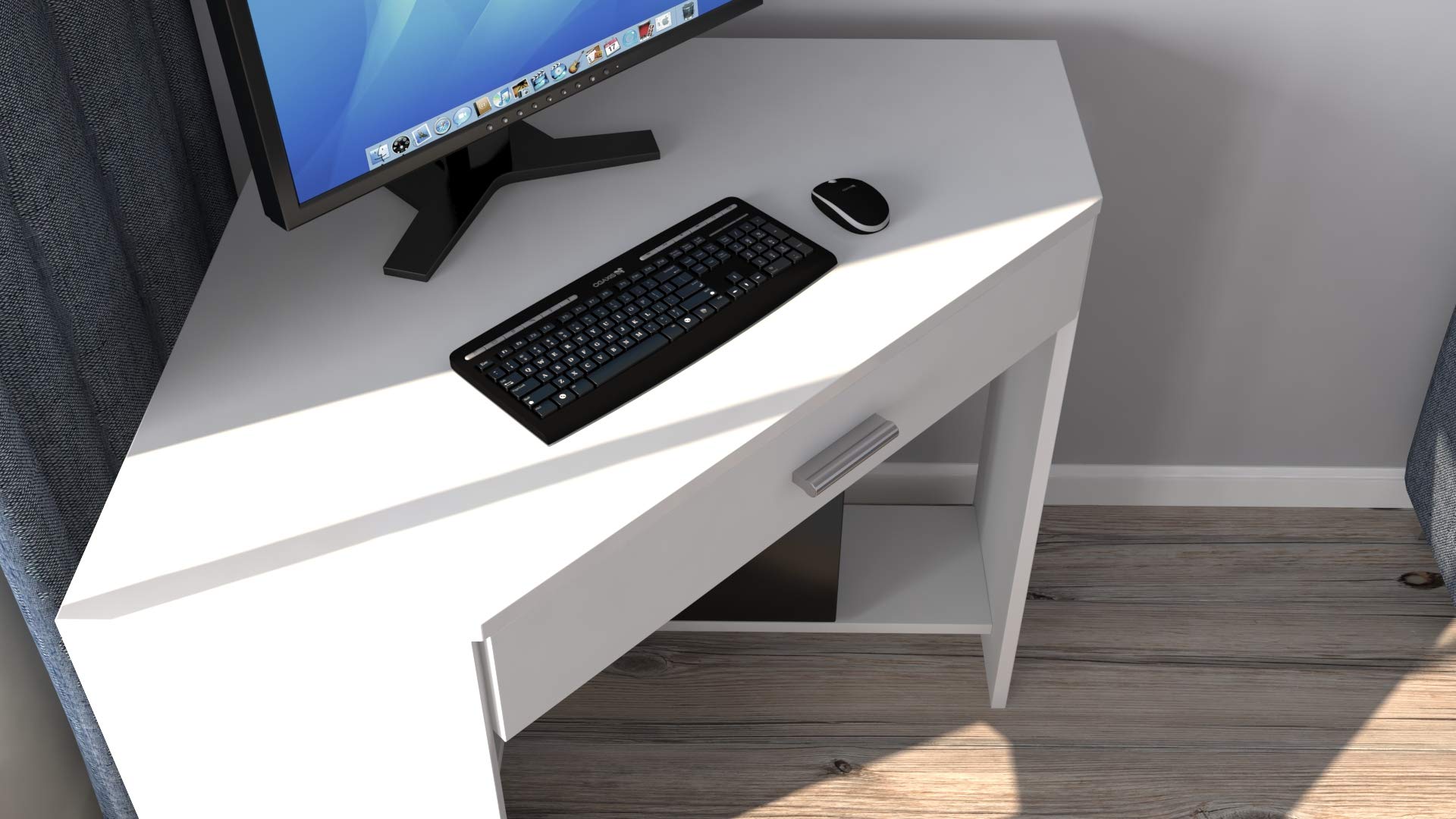 Modern Compact Corner Computer Desk - Gloss White Home Office Writing Desk for Small Spaces, Work from Home & Study