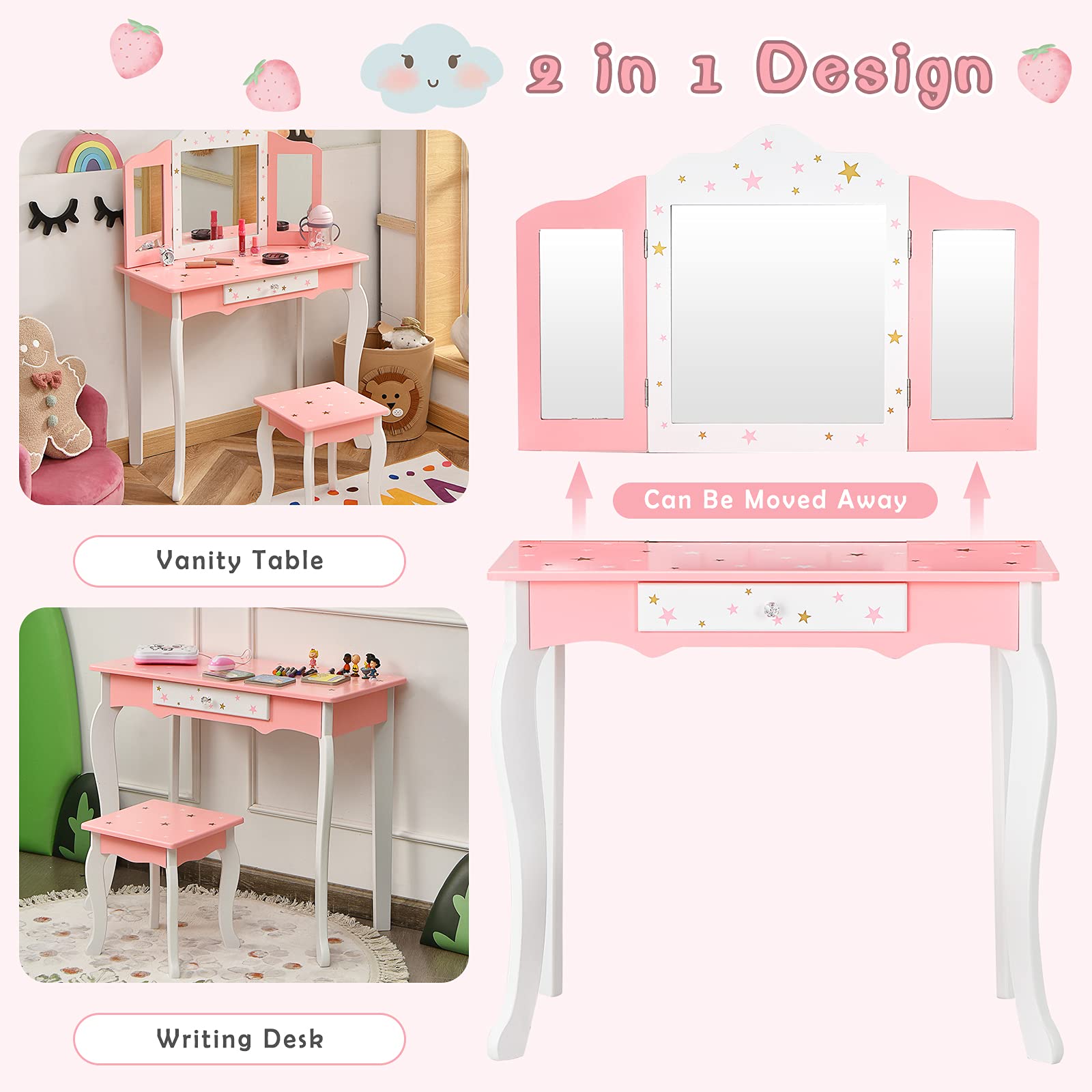 Princess Makeup Vanity Set for Girls with Mirror & Stool - Pretend Play Dress Up