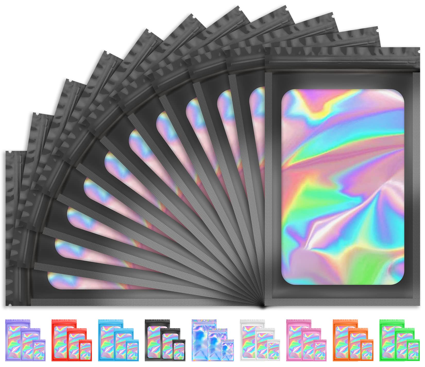 100 PCS Holographic Resealable Bags - Smell Proof Packaging for Lashes, Press On Nails, Jewelry, Candy & Small Items | Perfect for Small Business, Food Storage & Travel Organization