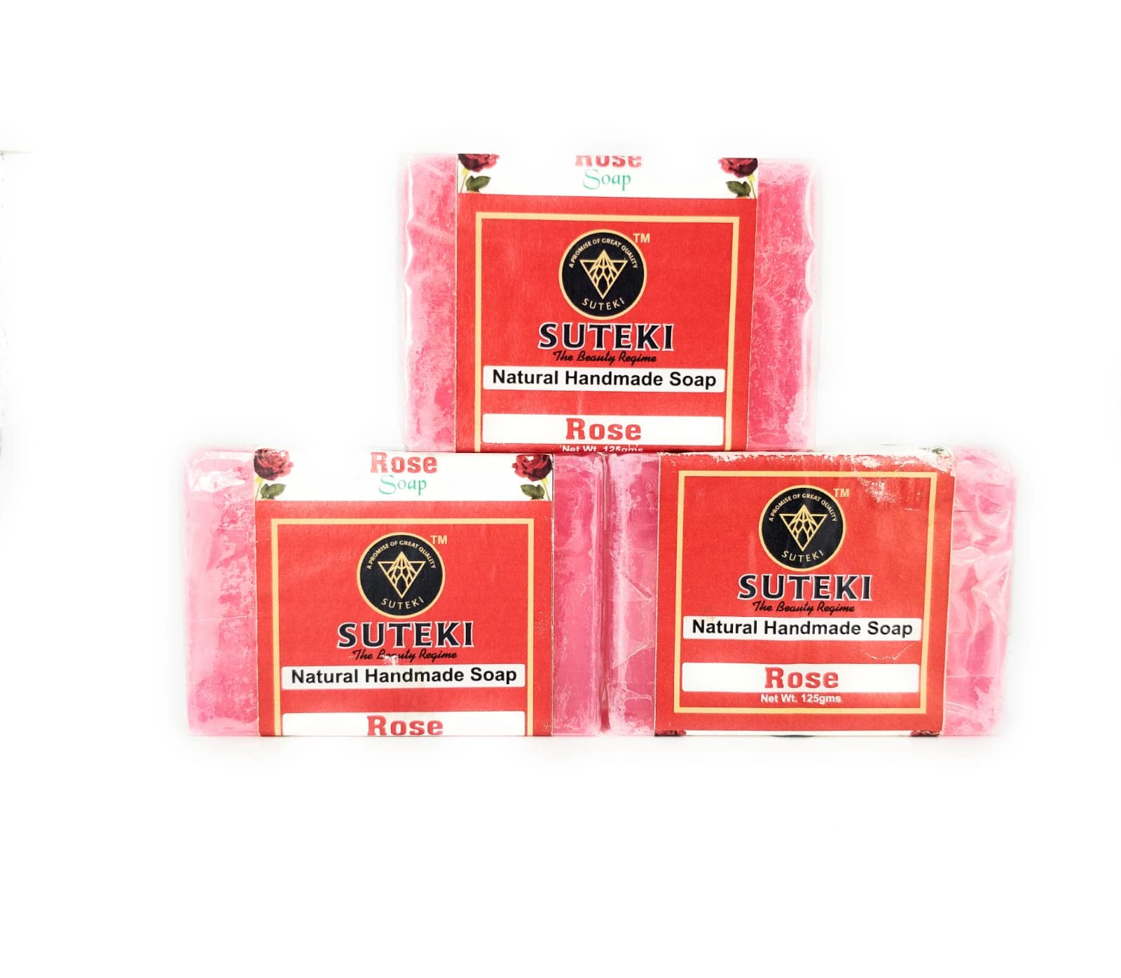 SUTEKI Natural Herbal Soap Rose - Glycerin Base Soap for All Skin Types, Luxurious Floral Infusion for Nourished & Hydrated Skin - 100% Handmade, 125g (Pack of 3) - Perfect for Gifts, Spa Day, Bridal Showers & Skin Care Routine