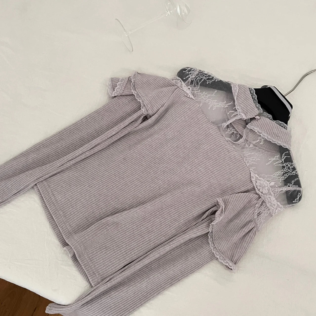 Elegant Women's Grey Patchwork Lace Ruffle Edge Long Sleeve Knit Top & High Waist Slim Short Skirt 2-Piece Set for Fall Winter Fashion | Office Wear & Date Night Outfits