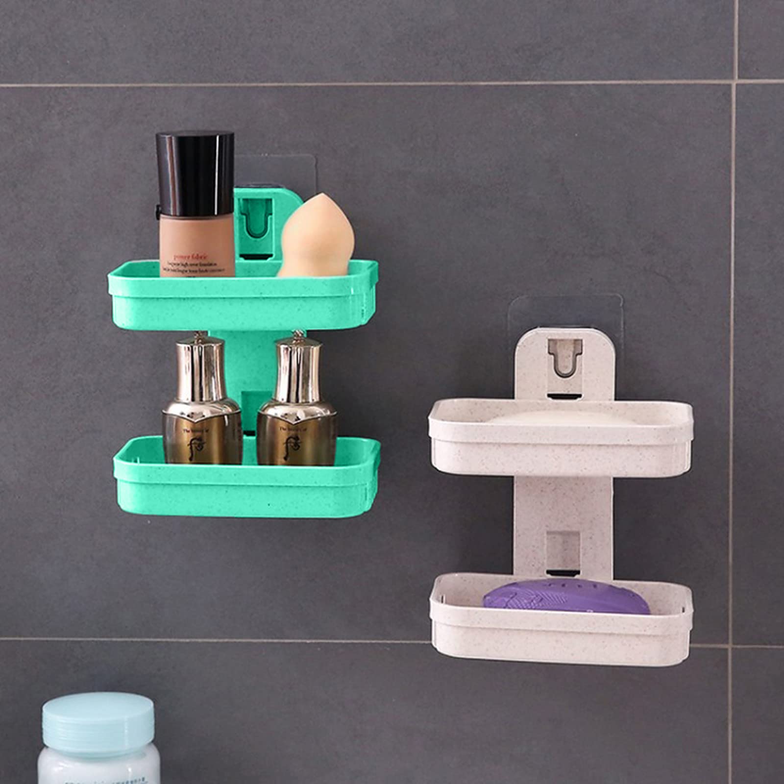 Wolpin Wall Mounted Soap Dish Holder - Double Layer Plastic Soap Stand for Bathroom & Kitchen Sink, Magic Stickers Included (1-Pack, Random Color) - Perfect for Small Spaces, RVs & Dorm Rooms