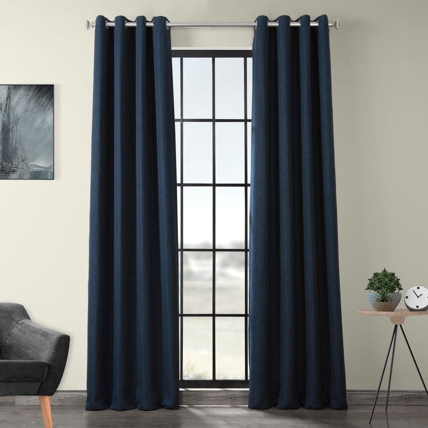Indigo Grommet Textured Faux Linen Blackout Curtains for Bedroom - Light Blocking Window Drapes for Home, Living Room & Nursery