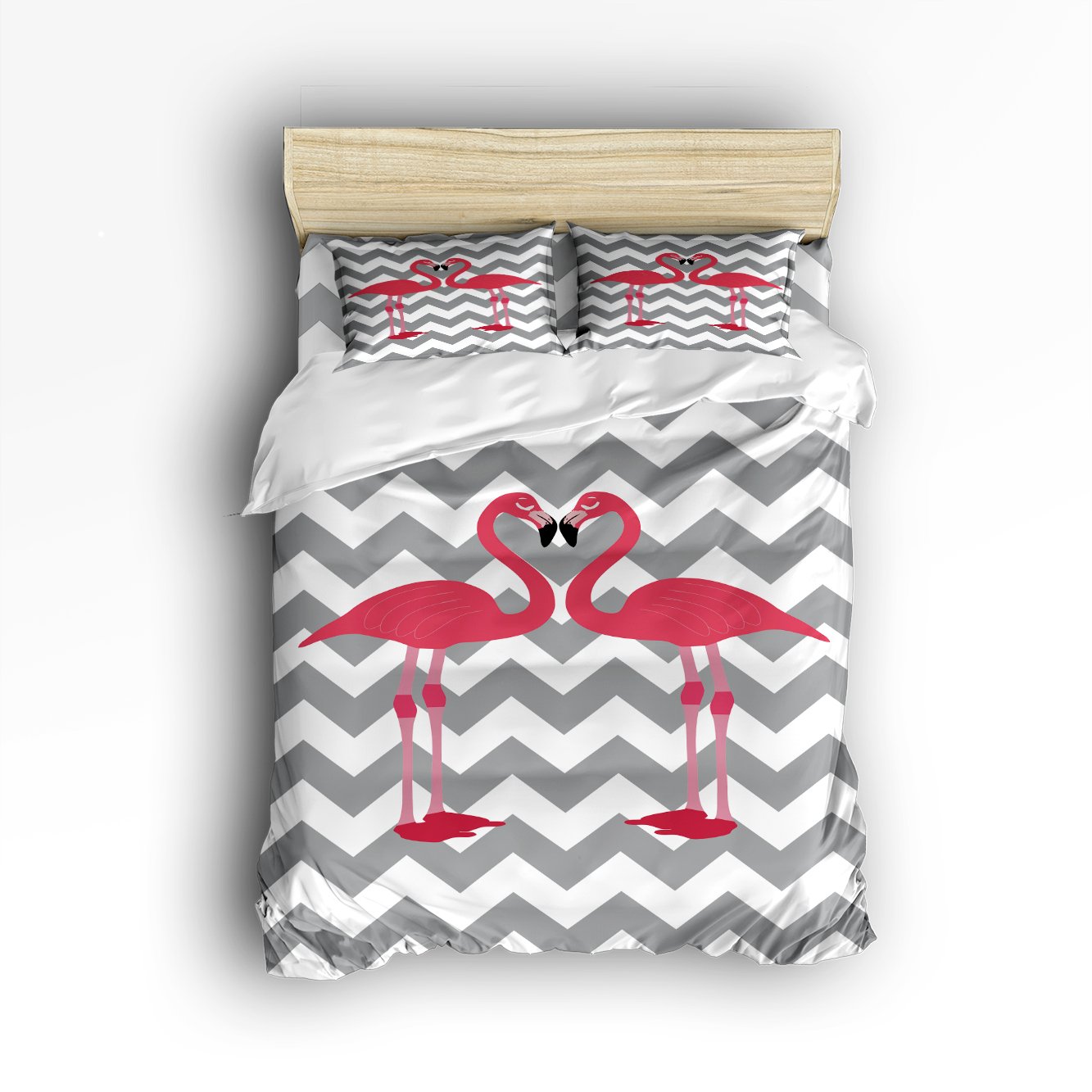 Vandarllin Twin Size Bedding Set - 100% Cotton 4-Piece Duvet Cover Set with Pink Flamingo & Grey Chevron Pattern for Kids, Teens & Adults | Soft Bedspread for Boys & Girls Rooms, Dorm Decor, Cozy Bedroom Makeover