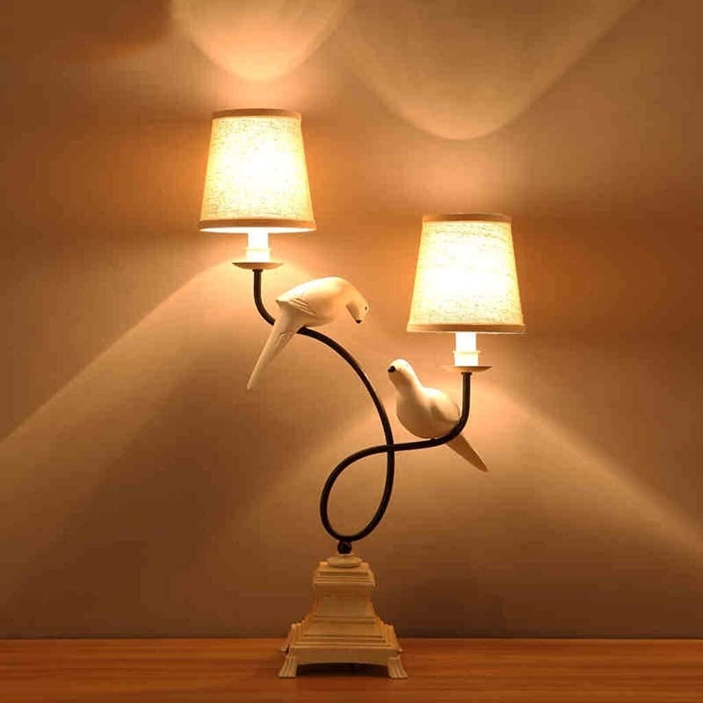Modern Double Head Desk Lamp - Creative Resin Birds Design, Simple Cloth Shade, Nordic Style Study & Bedroom Lighting for Reading, Working, Nightstand Use