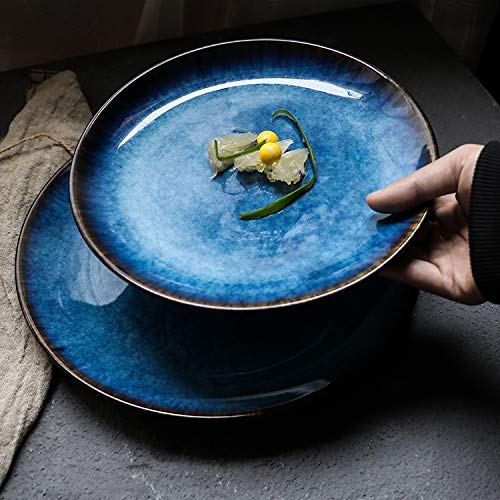 Blue Glazed Porcelain Dinner Plates Set of 4 - Elegant Round Flat Plates for Fine Dining, Wedding Registry & Home Decor