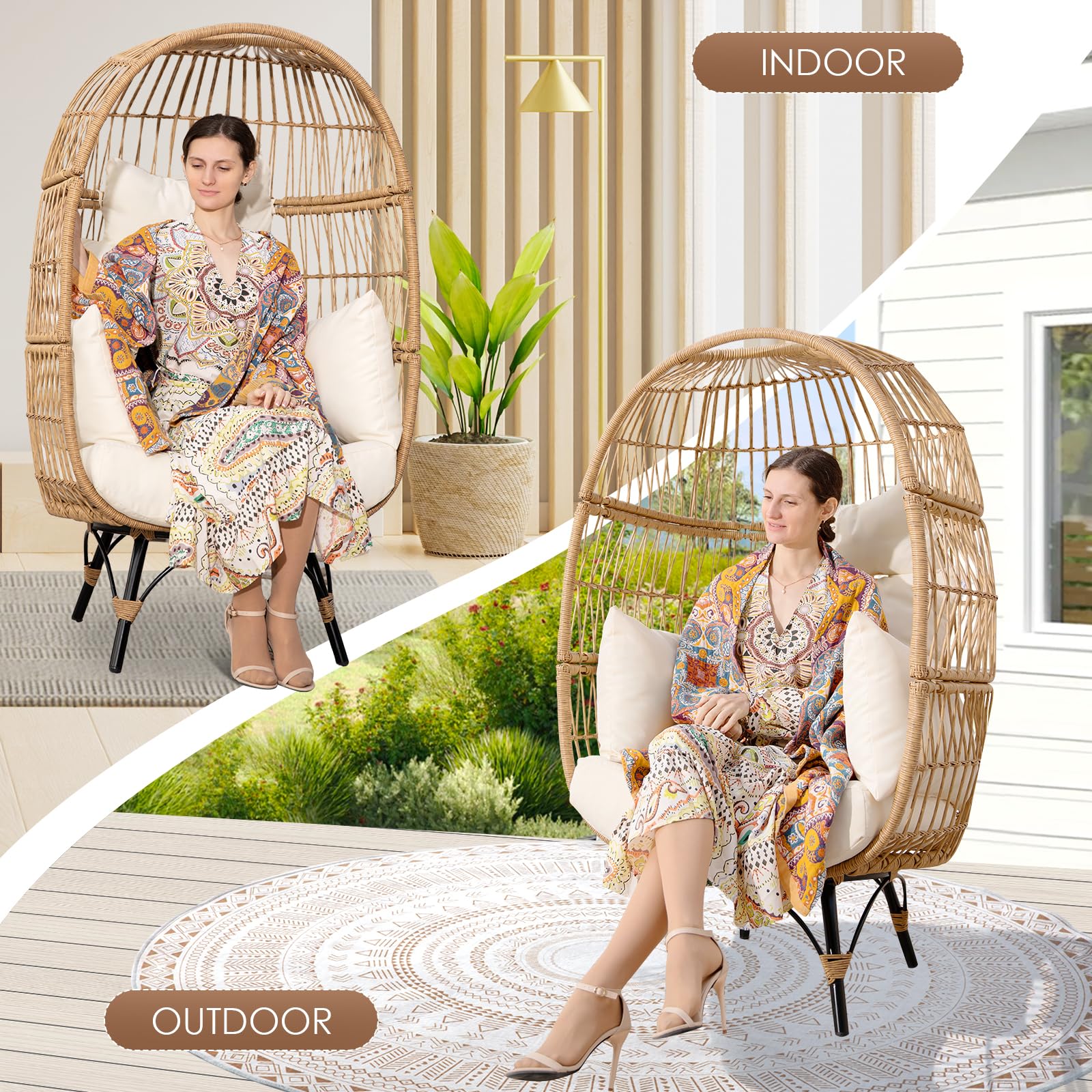 **RADIATA Oversized Wicker Egg Chair with 5 Cushions – 440lb Capacity, Heavy-Duty Steel Frame – Indoor & Outdoor Use for Patio, Backyard, Living Room (Beige) – Perfect for Relaxing, Reading, or Sunbathing**