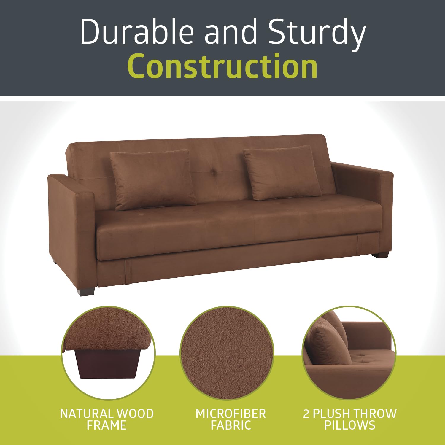 Pearington Mia Sofa Bed - Convertible Microfiber Futon Couch Sleeper with Under Seat Storage, Multi-Position Lounger for Bedroom, Living Room & Office - Mocha Brown | Perfect for Small Spaces, Guest Rooms & Studio Apartments