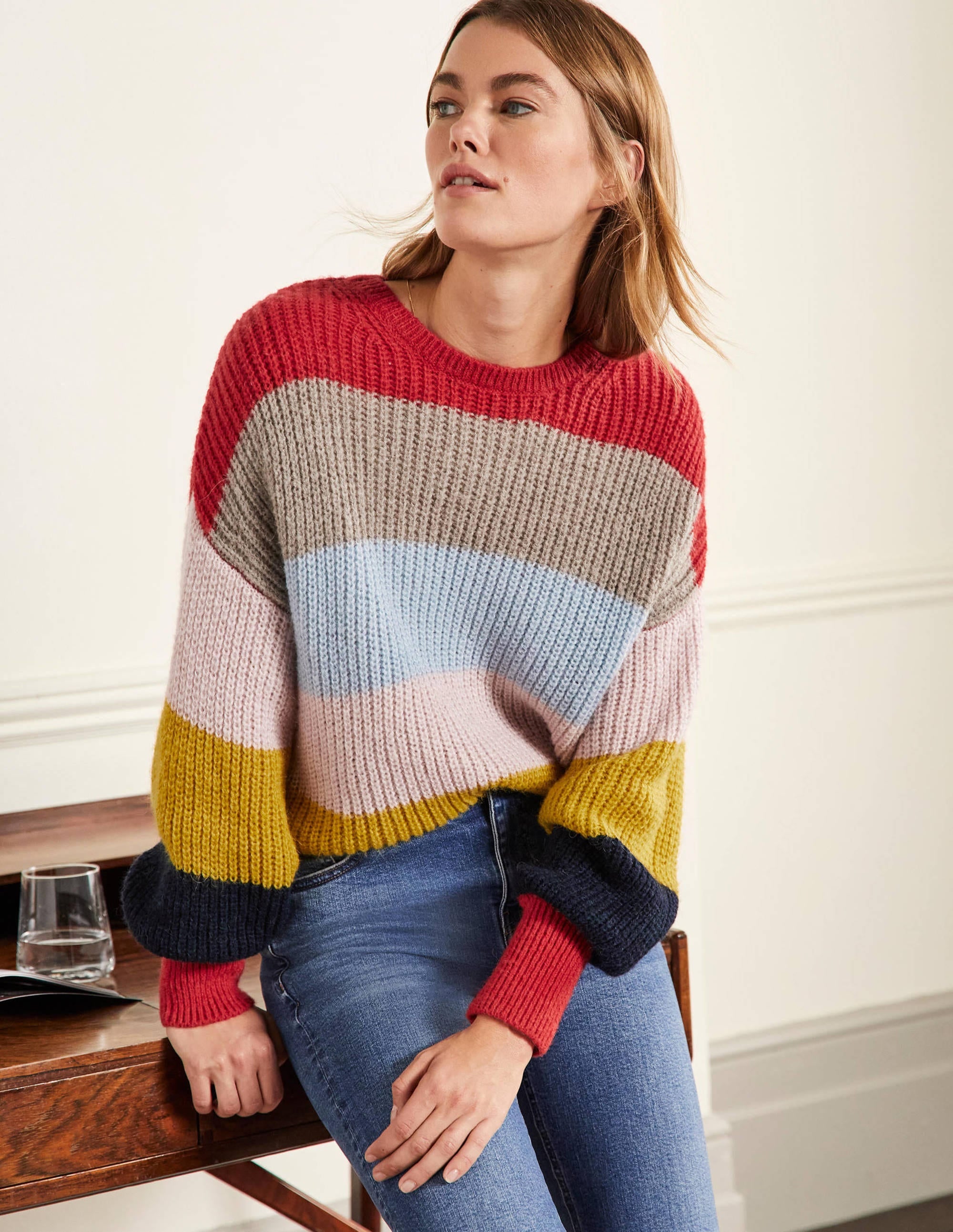 Fluffy Rainbow Stripe Blouson Cuff Sweater - Women's Cozy Knit Pullover for Casual Wear & Winter Fashion