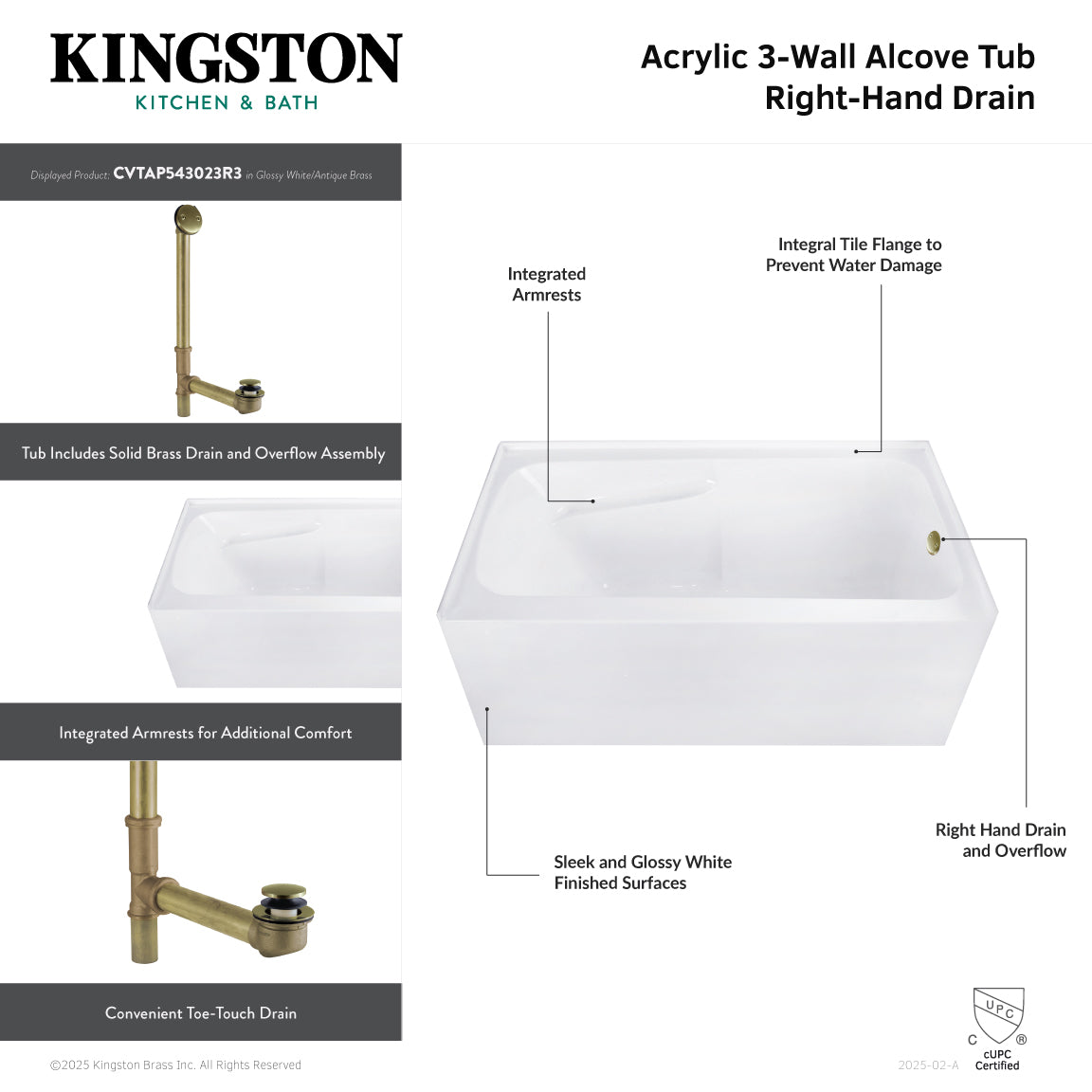 Aqua Eden 54 Inch Acrylic Rectangular 3 Wall Alcove Bathtub with Armrests | Right Hand Drain | Glossy White & Polished Nickel Finish | Perfect for Modern Bathroom Renovations and Spa-Like Relaxation