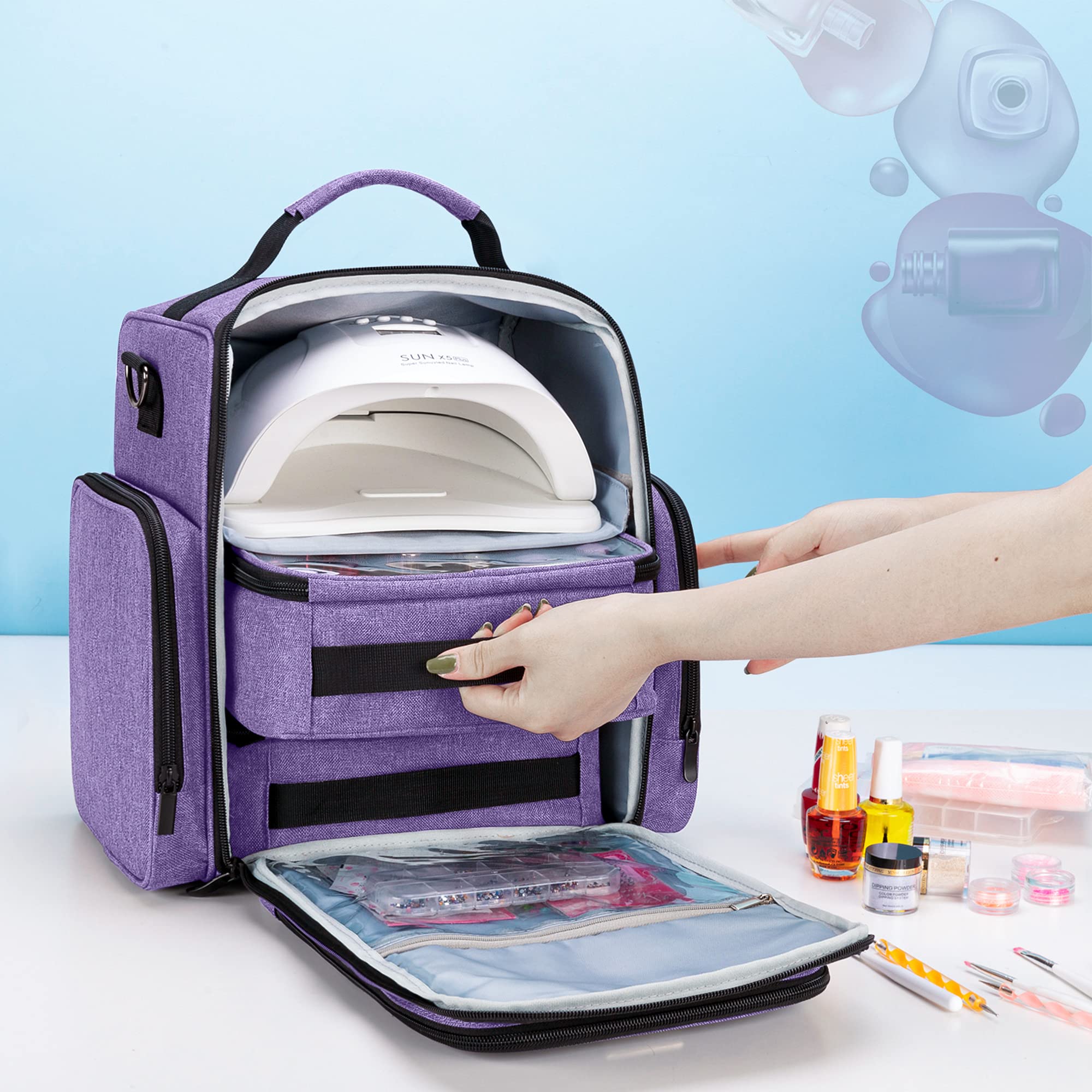 BAFASO 48 Bottle Nail Polish Organizer with Lamp & Pouches - Purple for Salon & Home Use