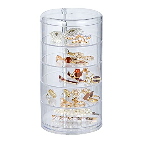 KUNOVO 5-Tier Rotating Makeup Organizer - Clear Cosmetic Jewelry Display Stand for Earrings, Bracelets & Necklaces - Spinning Storage Shelf for Vanity, Bathroom & Dressing Table