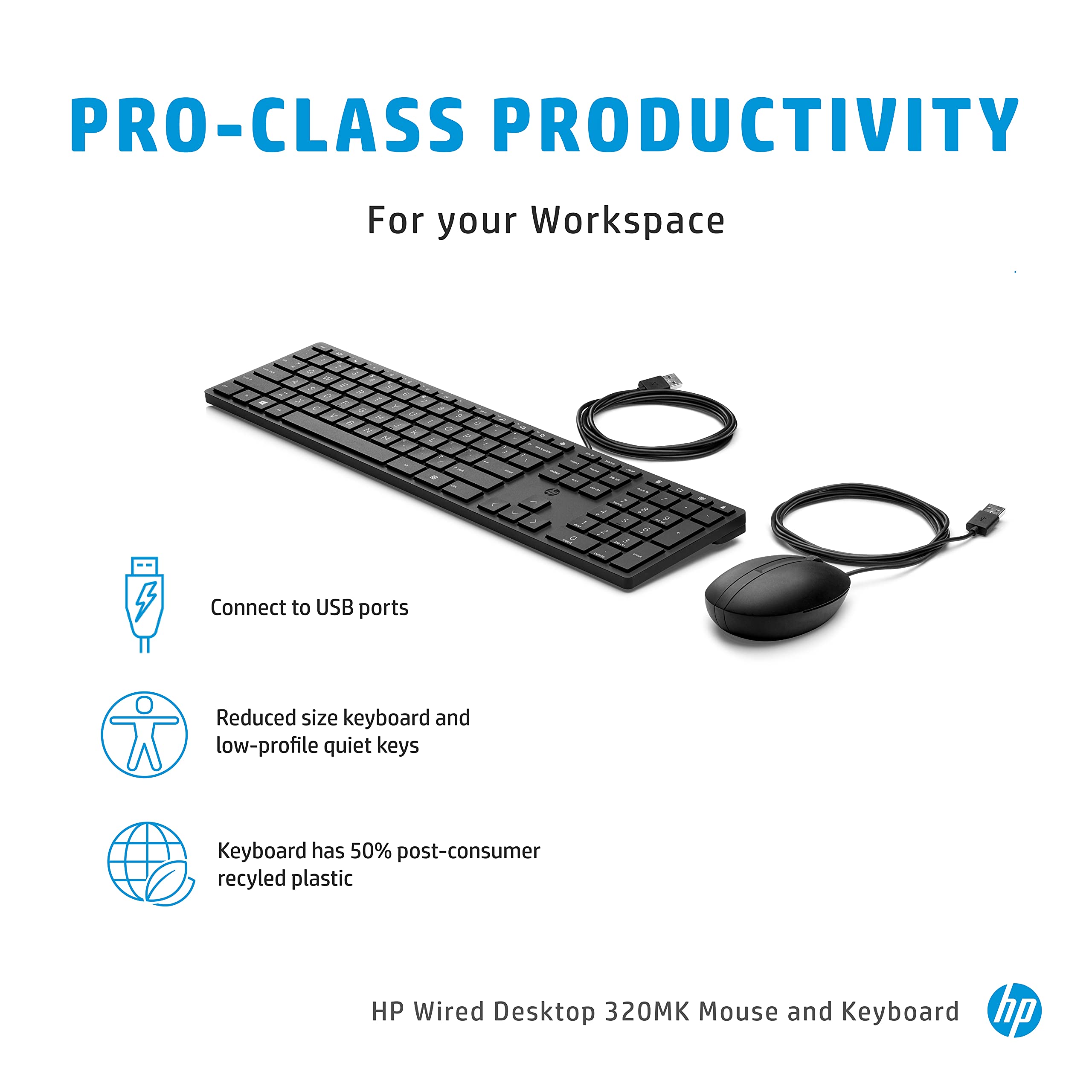 HP 320MK Wired USB Mouse and Keyboard Combo (9SR36AA) - Ergonomic Desktop Set for Office, Gaming & Home Use