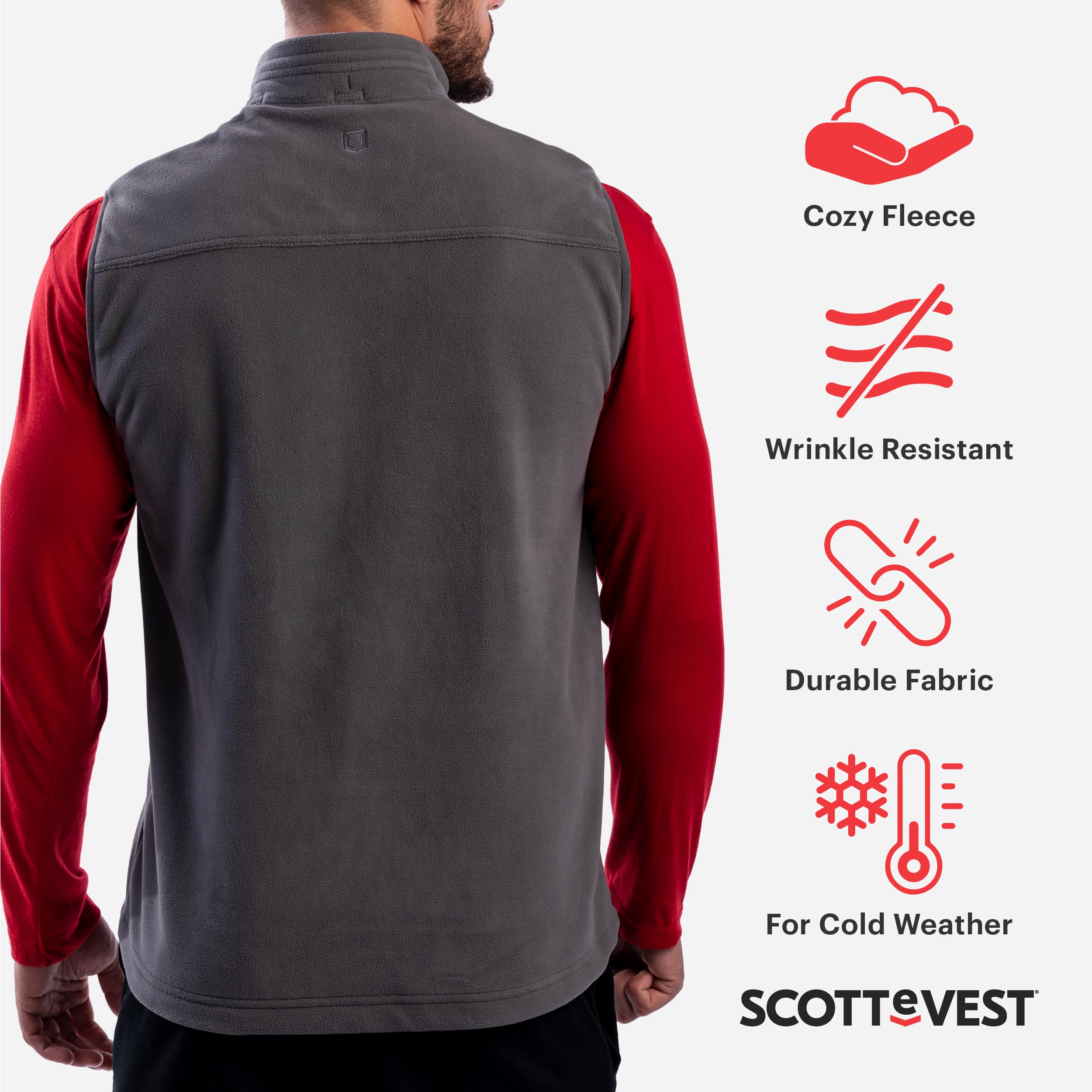 SCOTTeVEST Men's Fireside Fleece Vest with 15 Hidden Pockets - Warm & Wrinkle Resistant Travel Vest for Outdoor Activities, Hiking, and Daily Wear
