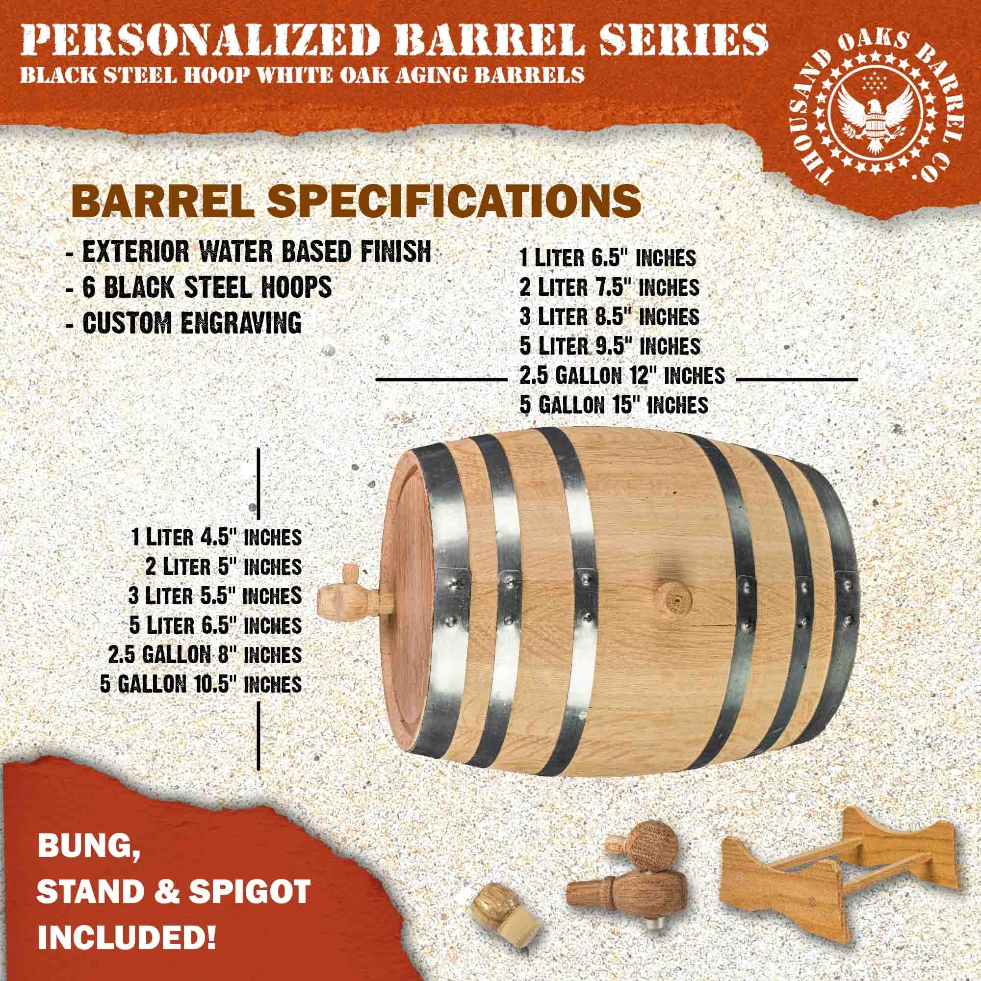 Personalized 10 Liter Oak Wine Barrel (2.5 Gallon) with Stand, Bung & Spigot - Age Whiskey, Bourbon, Cocktails & Beer - Laser Engraved Vineyard Design (B331) - Perfect for Home Bars, Gifts & Craft Beverage Aging