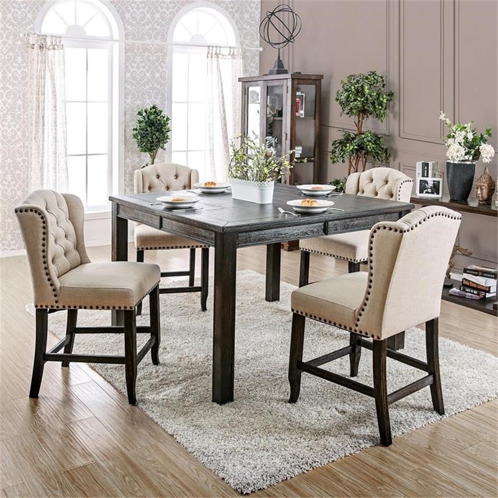 Furniture of America Sinuata Fabric Beige Wingback Counter Chair Set of 2 - Stylish Bar Stools for Kitchen Island, Breakfast Nook & Home Decor