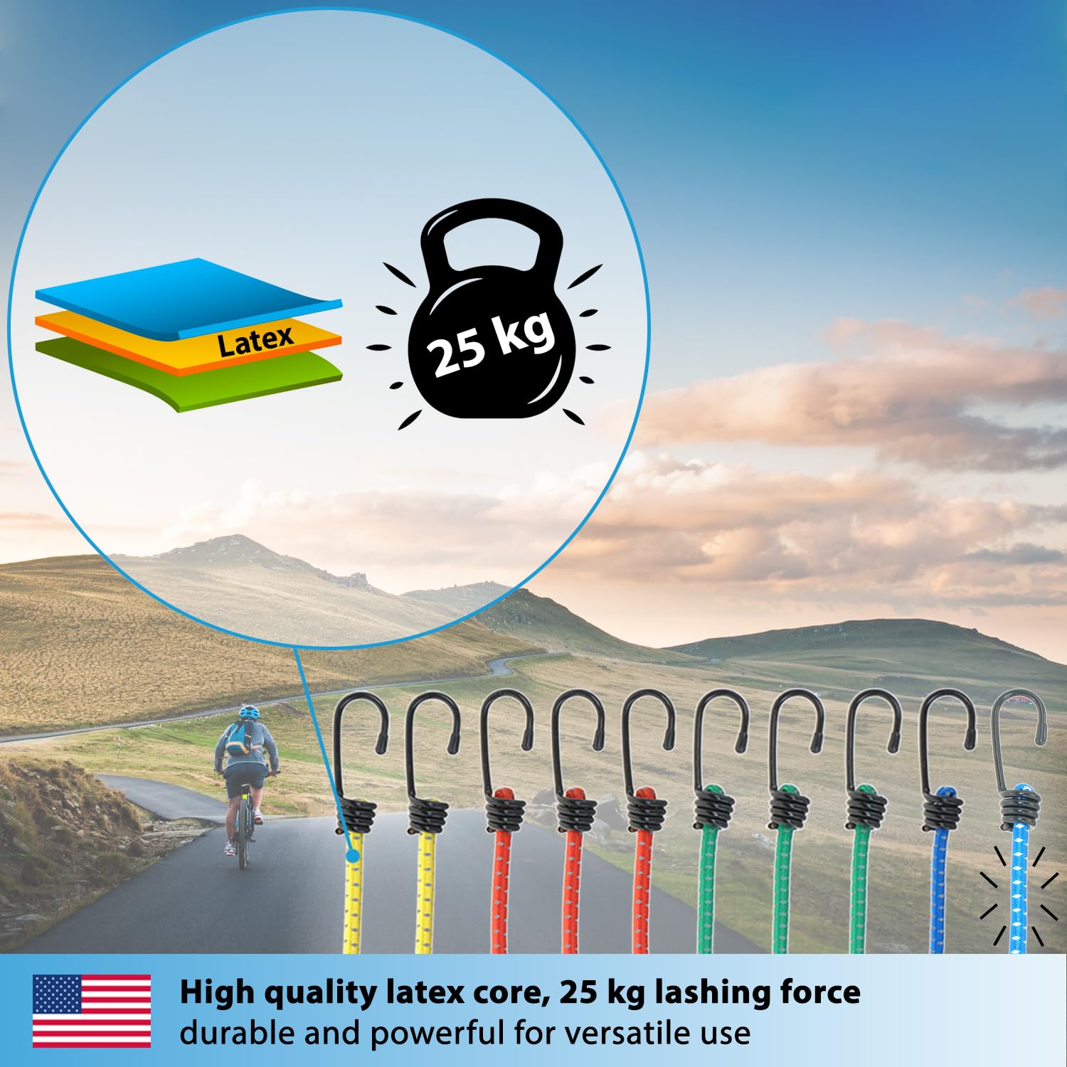 Valonic Heavy-Duty Reflective Bungee Cords with Hooks - 10-Pack Super Elastic Straps (200% Stretch) for Motorcycle, Bike, Kayak, Camping Tent, Pool Cover & Outdoor Gear - Perfect for Securing Cargo, Tying Down Equipment & Organizing Outdoor Adventures