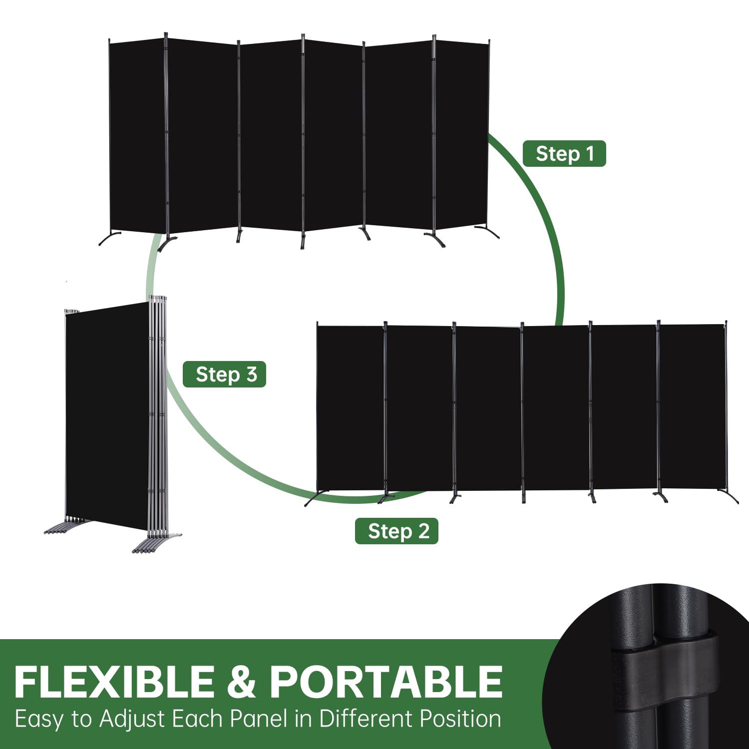 YASRKML 6-Panel Folding Room Divider Screen - Portable Freestanding Privacy Partition for Home & Office - Black Fabric Room Separator for Bedrooms, Living Spaces & Events