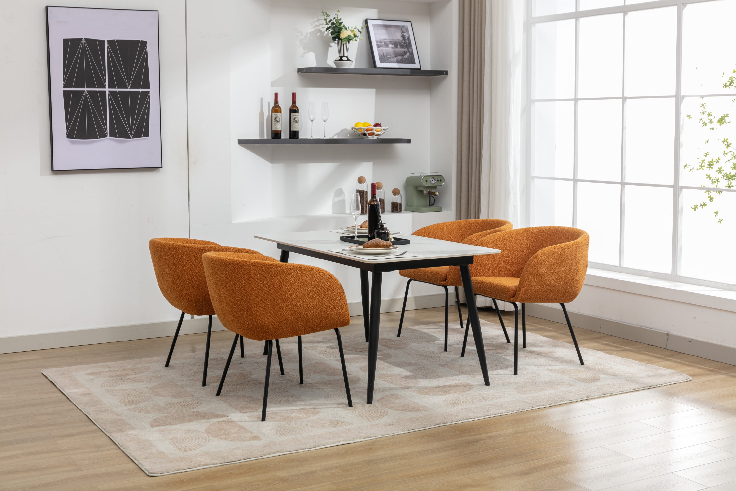 Boucle Fabric Dining Chairs with Black Metal Legs - Set of 2, Modern Ginger Upholstered Side Chairs for Kitchen, Dining Room, and Office
